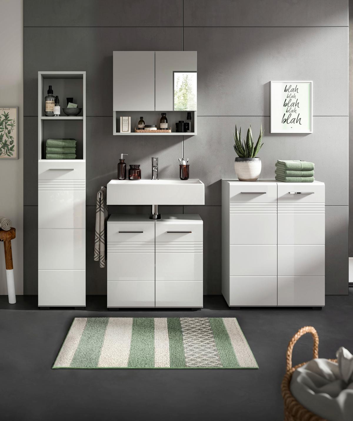 Badezimmer-Set COPA 4-teilg, Grau/Weiß Hochglanz - Chromfarben/Weiß Hochglanz, MODERN, Holzwerkstoff/Kunststoff (150cm) - MID.YOU