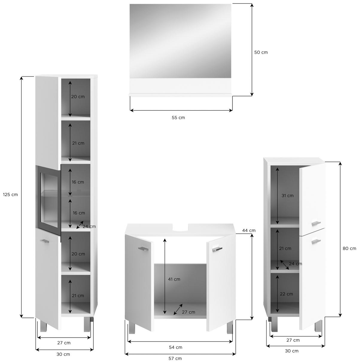 Badezimmer Boston 4-tlg. ca. 117 cm Weiß - Silberfarben/Weiß, MODERN, Glas/Holzwerkstoff (117cm) - MID.YOU