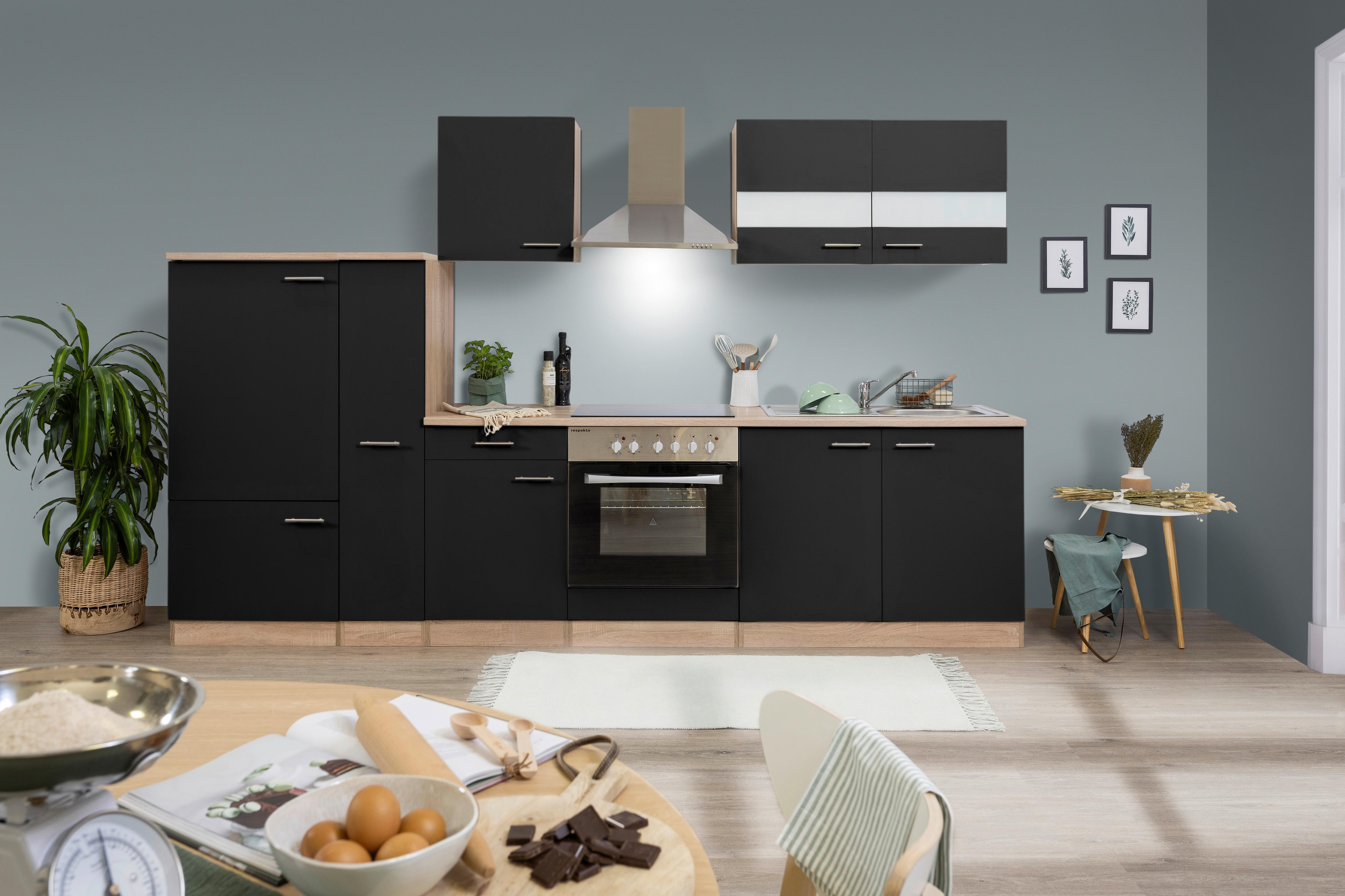 Küchenleerblock LBKB300ESS Schwarz/Eiche ca. 300 cm - Edelstahlfarben/Eichefarben, Basics, Holzwerkstoff/Metall (300cm) - Respekta