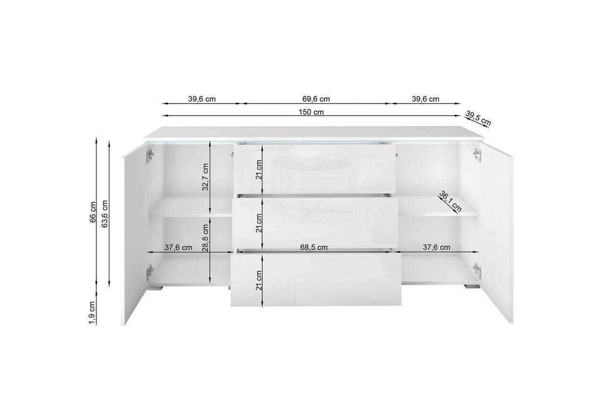 Sideboard Vera mit LED ca. 150 cm Weiß Hochgl./Grau - Weiß Hochglanz/Grau, LIFESTYLE, Holzwerkstoff/Kunststoff (150/67,9/39,5cm) - P & B