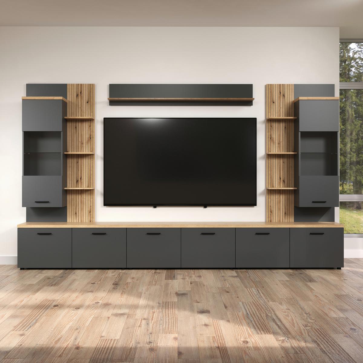 WOHNWAND BAGGIO - Eichefarben/Anthrazit, Design, Glas/Holzwerkstoff (360/212/40cm) - MID.YOU