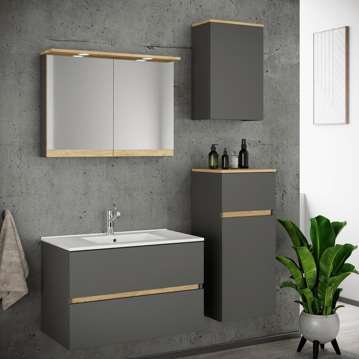 Badezimmer Cosila - Honigeiche/Weiss, Trend, Keramik/Holzwerkstoff (121cm) - MID.YOU