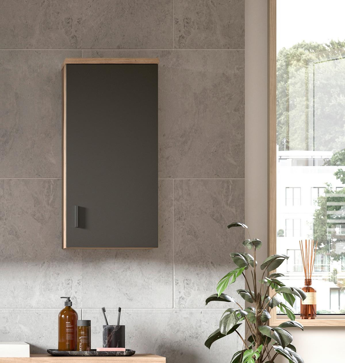 Badezimmer Grado 4-tlg. ca. 138 cm Eiche/Grau - Dunkelgrau/Weiß Hochglanz, MODERN, Glas/Keramik (138cm) - MID.YOU