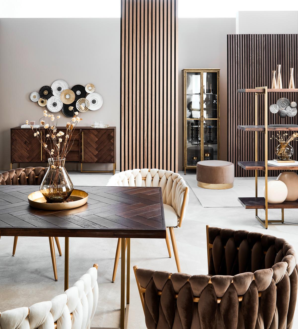 KRZESŁO Z PODŁOKIETNIKAMI WEAVY   -AMBIA HOME- - kolor złoty/brązowy, Lifestyle, metal/tkanina (60/78/55cm) - Ambia Home