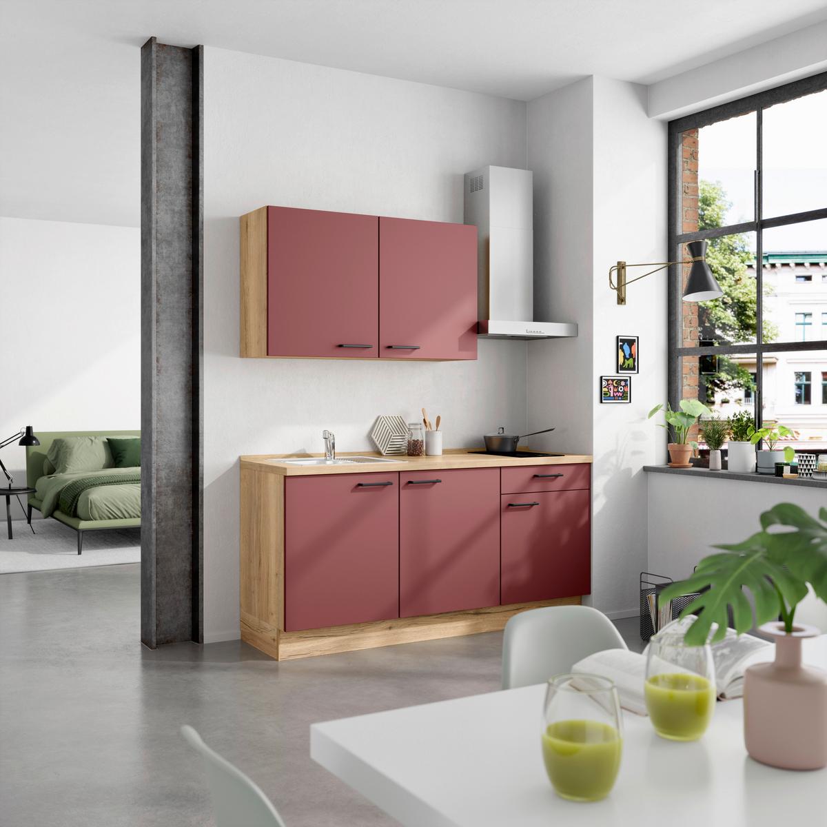 Küchenblock Easytouch Low m. Geräten Dunkelrot - Eichefarben/Schwarz, MODERN, Holzwerkstoff/Metall (180cm) - Nobilia