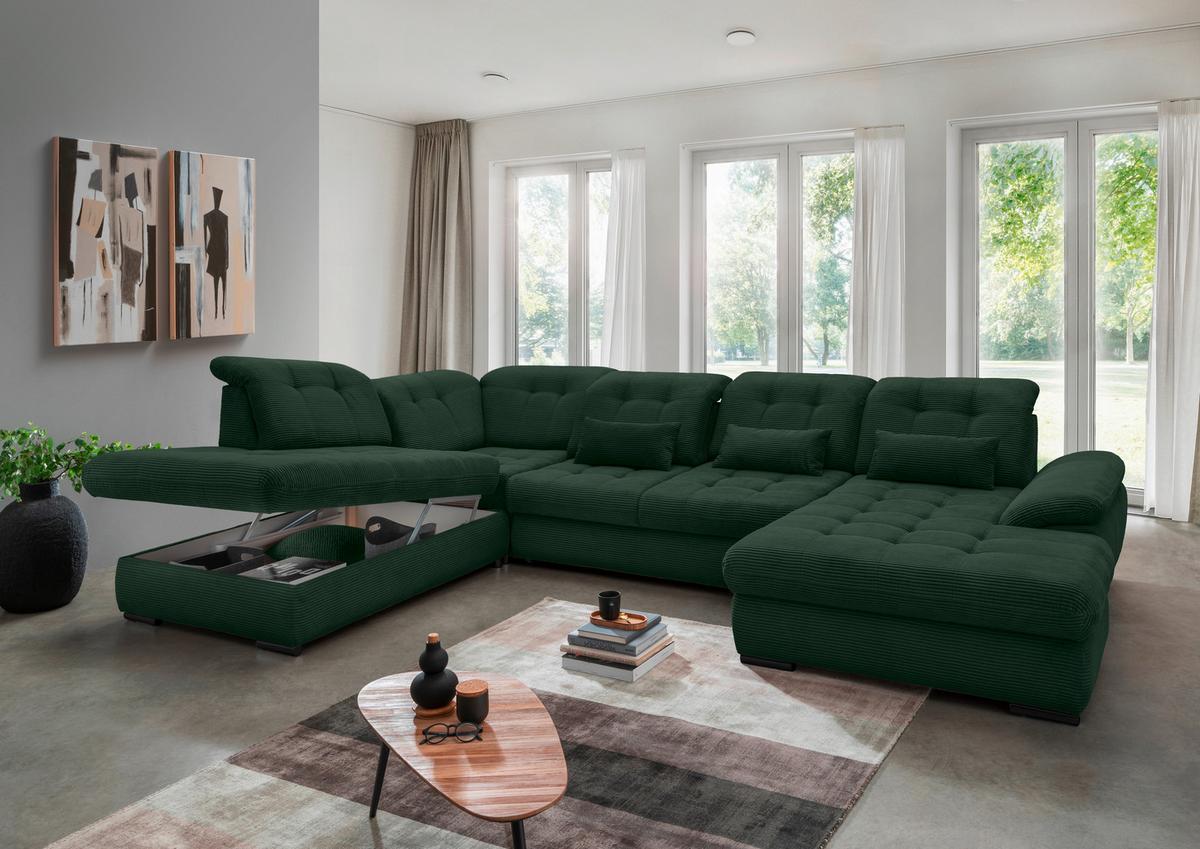 Wohnlandschaft Rigatti Dunkel Grün Cord mit Bettkasten - Dunkelgrün/Schwarz, MODERN, Textil/Metall (252/387/184cm) - Livetastic