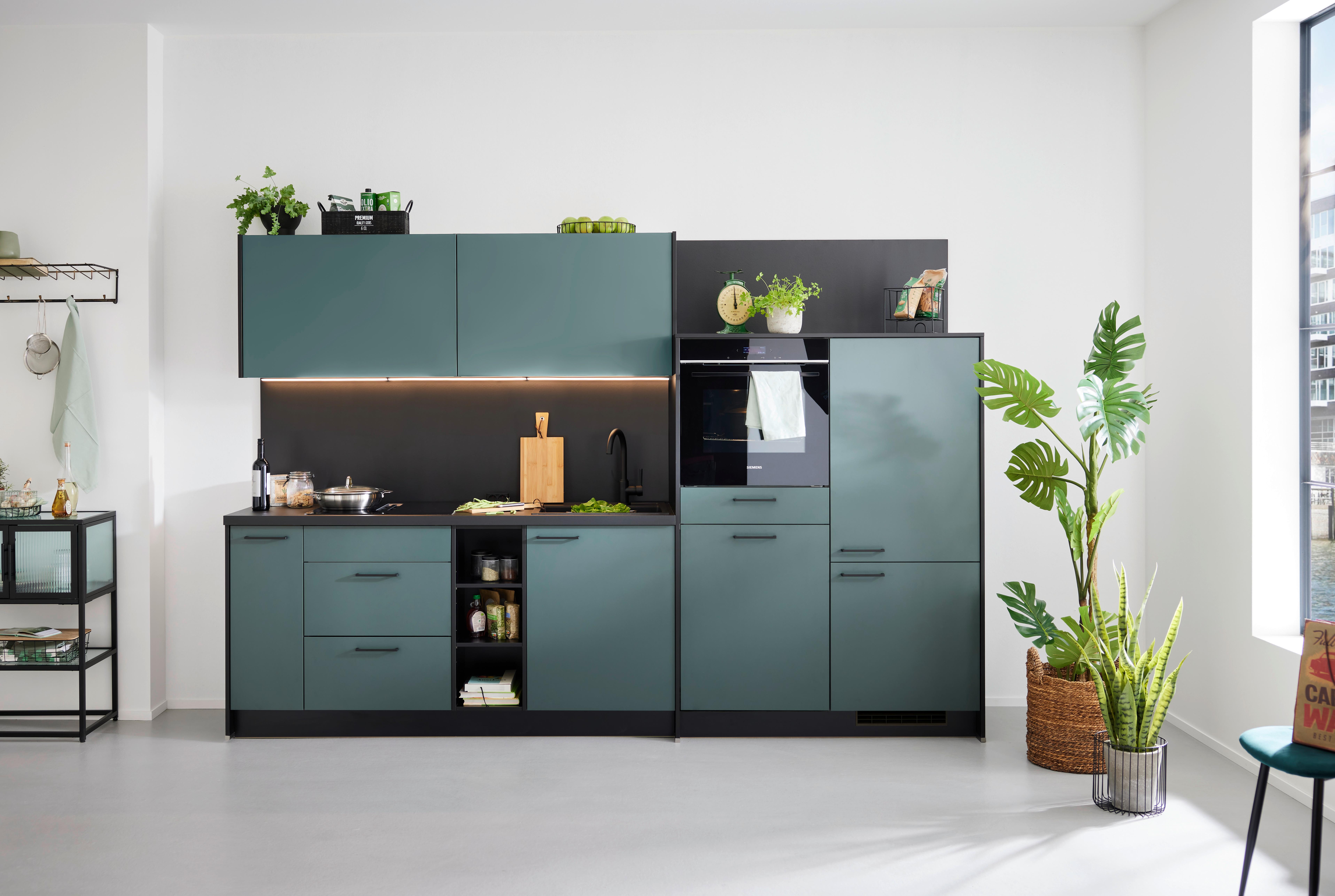 Küchenblock Clean in Dunkelgrün - Dunkelgrün/Schwarz, MODERN, Holzwerkstoff (305cm) - Express-Kuechen