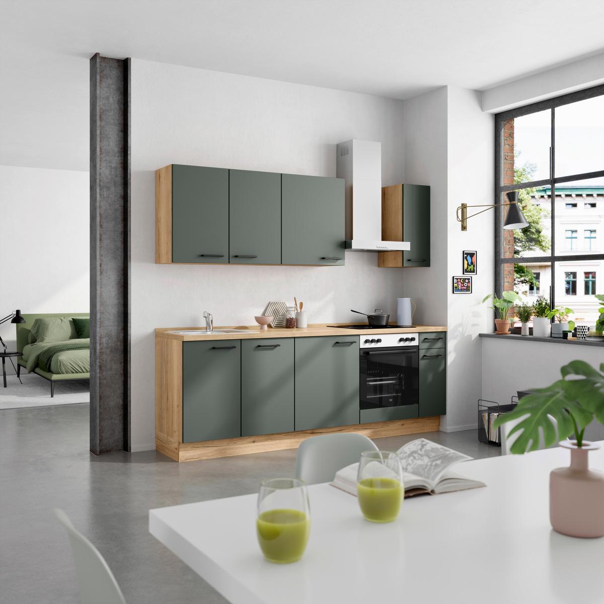 Küchenblock Easytouch Low m. Geräten Dunkelgrün - Dunkelgrün/Eichefarben, MODERN, Holzwerkstoff/Metall (240cm) - Nobilia