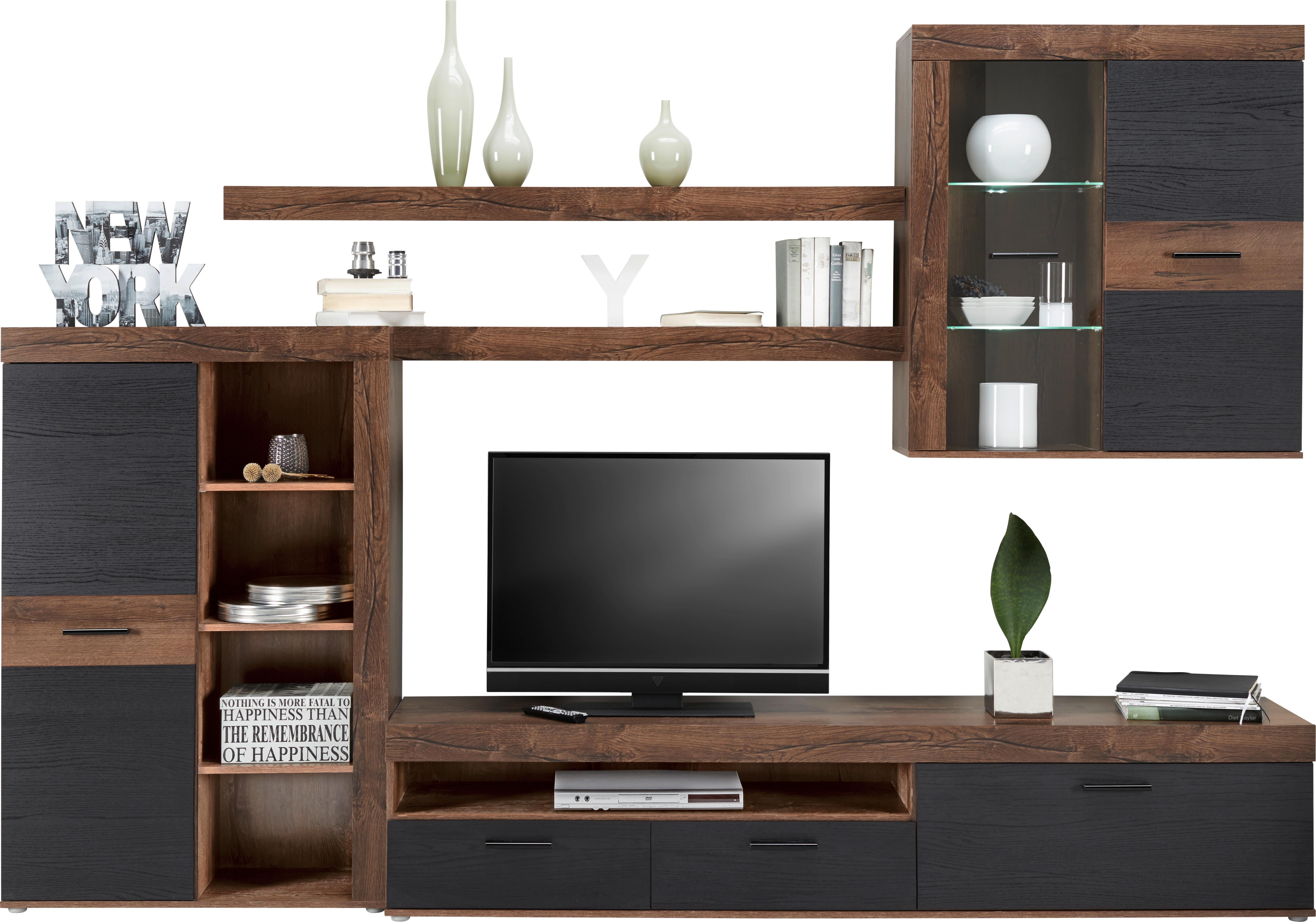 Wohnwand in Schwarz - Schlammfarben/Eichefarben, Modern, Glas/Holzwerkstoff (300/201/41cm) - Modern Living
