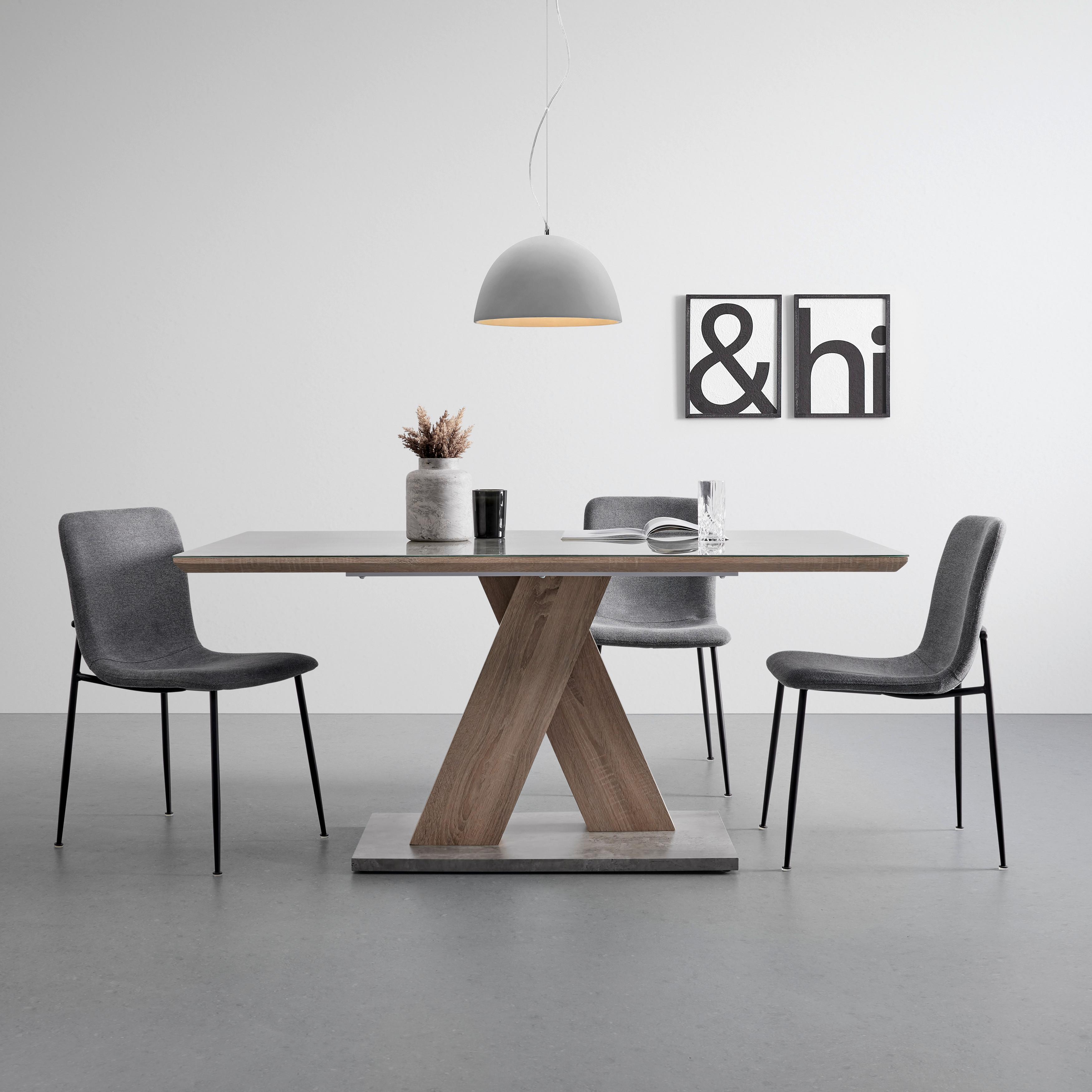 Esstisch Holz "Sanna", ca. 160x90 cm, Eiche - Dunkelgrau/Eichefarben, Modern, Glas (160/90/76cm) - Bessagi Home