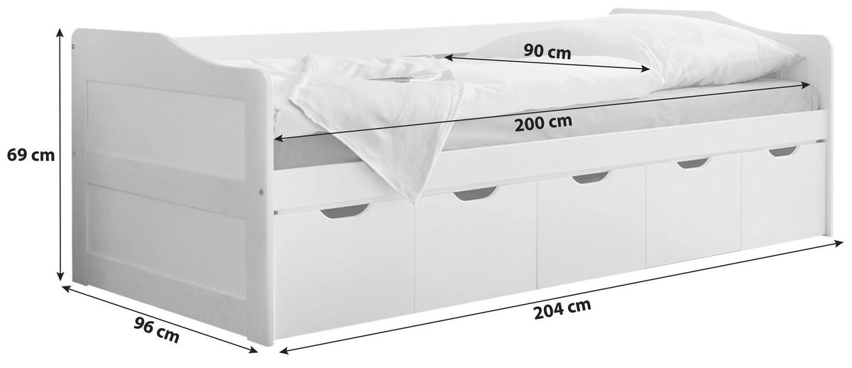 Stauraumbett "Maria", aus Kiefer, weiß - Weiß, MODERN, Holz (90/200cm) - MID.YOU