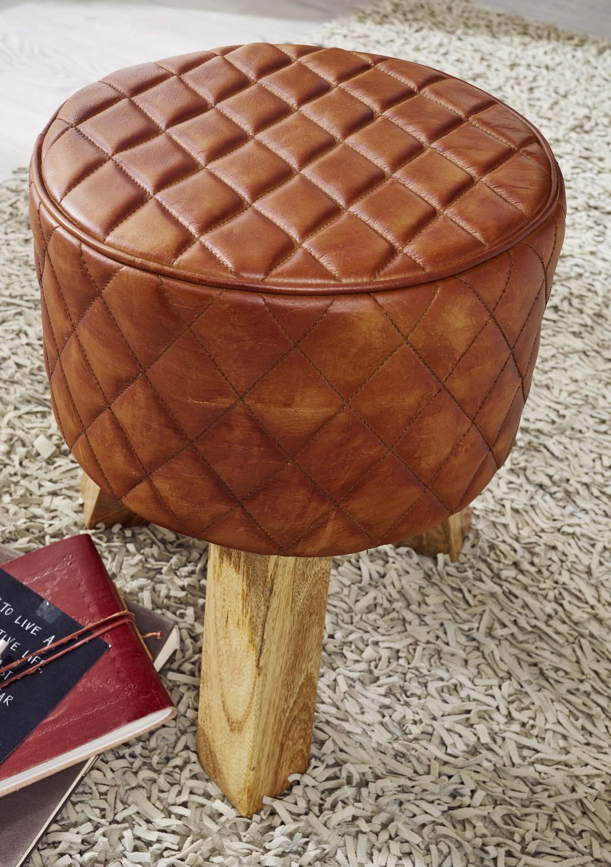 Tabure Hocker - naravne barve/rjava, Moderno, les/usnje (35/46/35cm) - MID.YOU