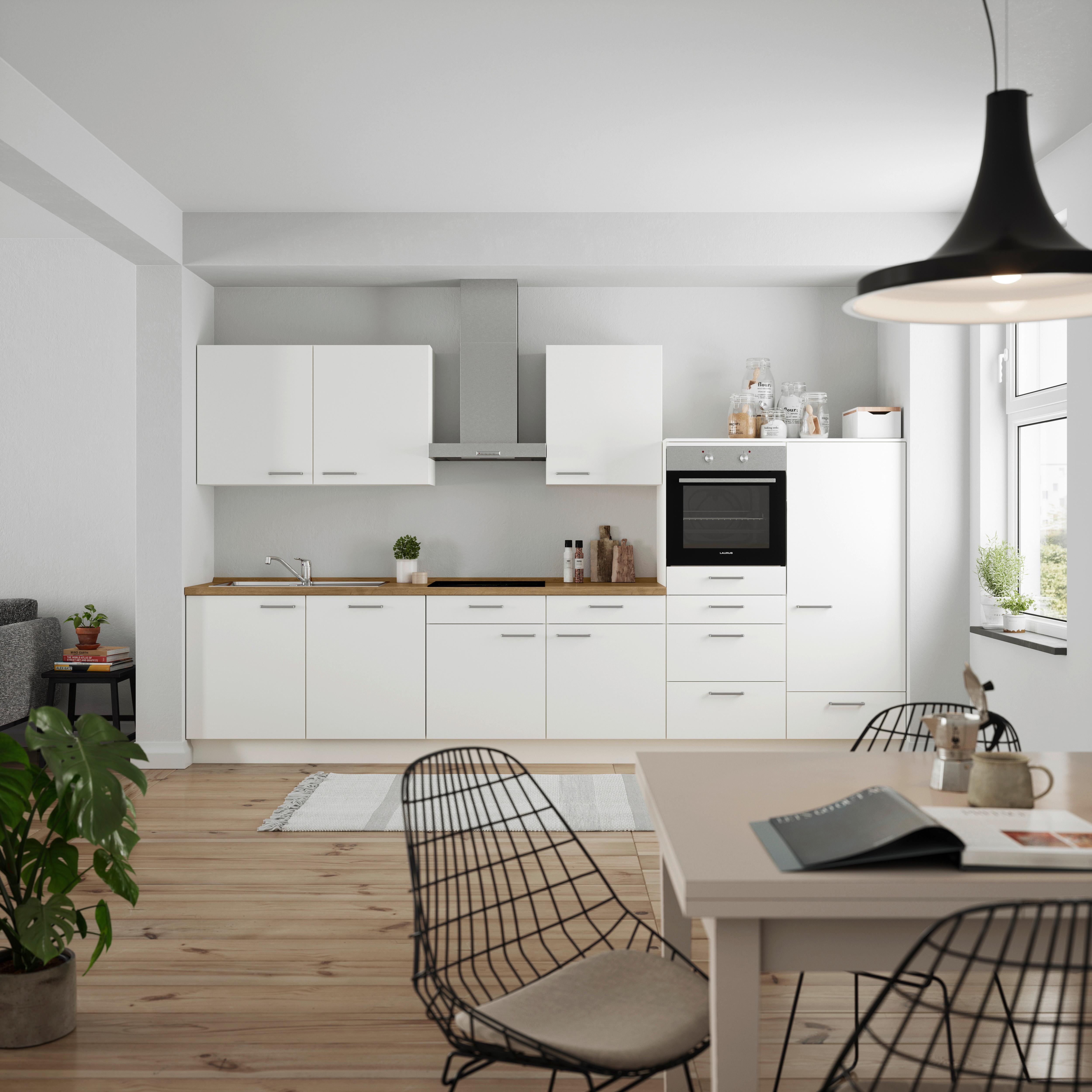 Küchenblock Touch Low m. Geräten Weiß - Edelstahlfarben/Eichefarben, MODERN, Holzwerkstoff/Metall (360cm) - Nobilia