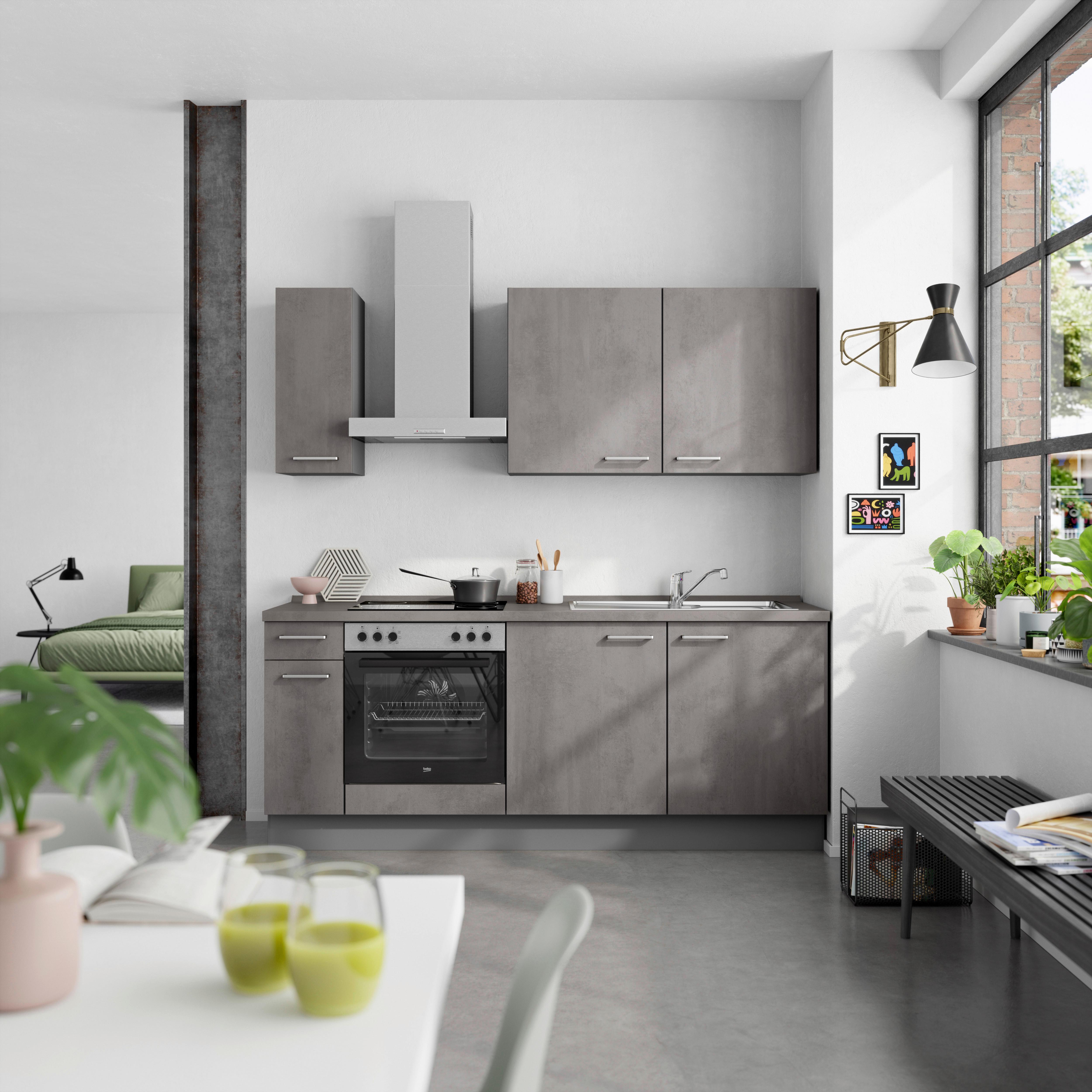 Küchenblock Riva Low m. Geräten Schieferfarben - Schieferfarben/Edelstahlfarben, MODERN, Holzwerkstoff/Metall (210cm) - Nobilia
