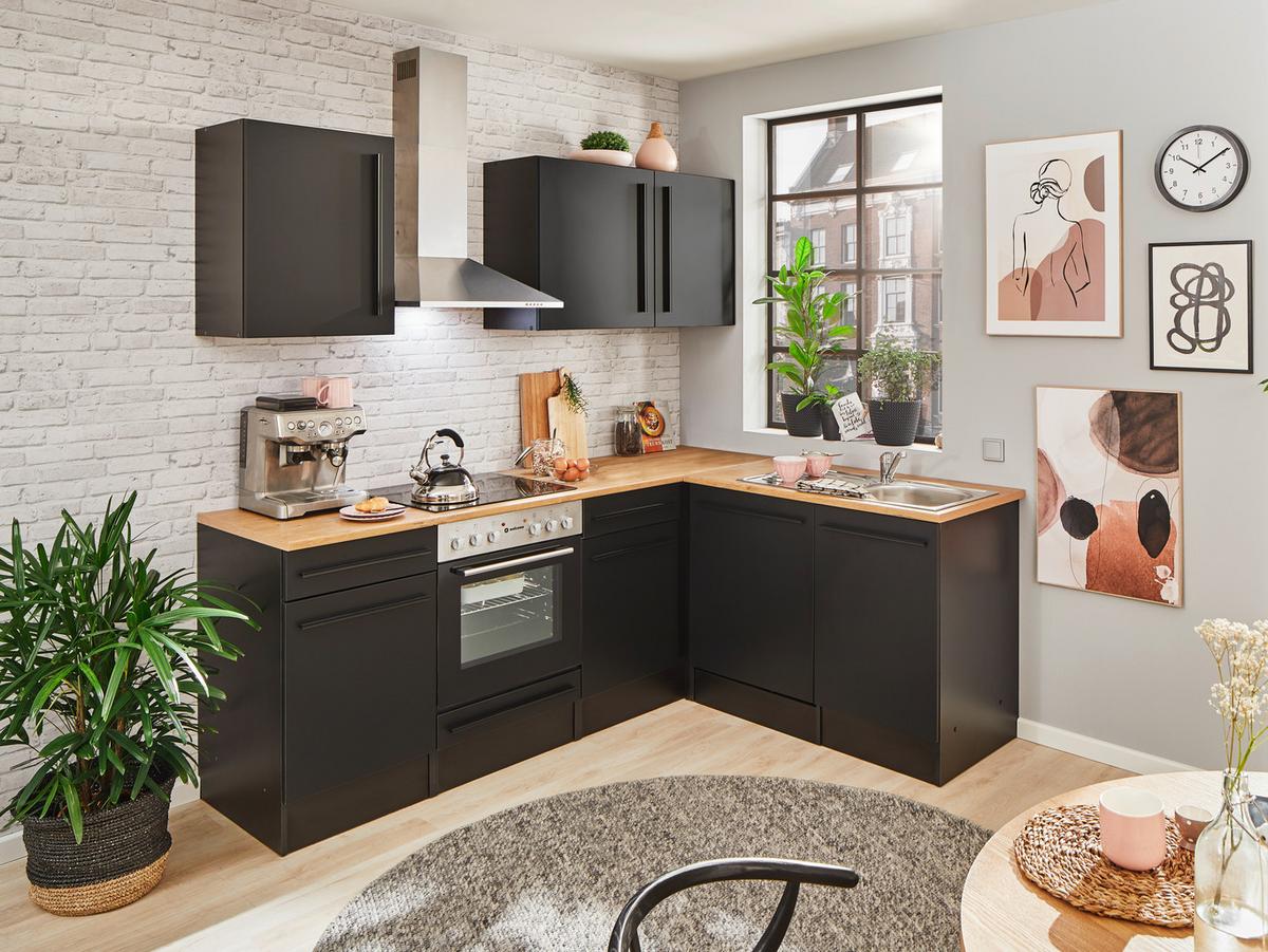 Eckküche Jazz mit Geräten ca.220x175cm Schwarz - Eichefarben/Schwarz, LIFESTYLE, Holzwerkstoff/Kunststoff (220/175/60/60cm) - P & B