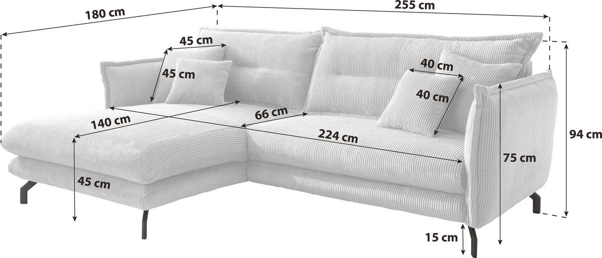 ECKSOFA LAVA - Schwarz/Grau, Design, Textil/Metall (180/255cm) - Livetastic