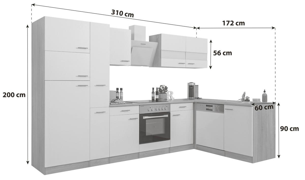 Eckküche Economy Weiß/ Eichefarben ca. 310x200 cm - Edelstahlfarben/Eichefarben, Basics, Holzwerkstoff/Metall (310/172/172cm) - Respekta