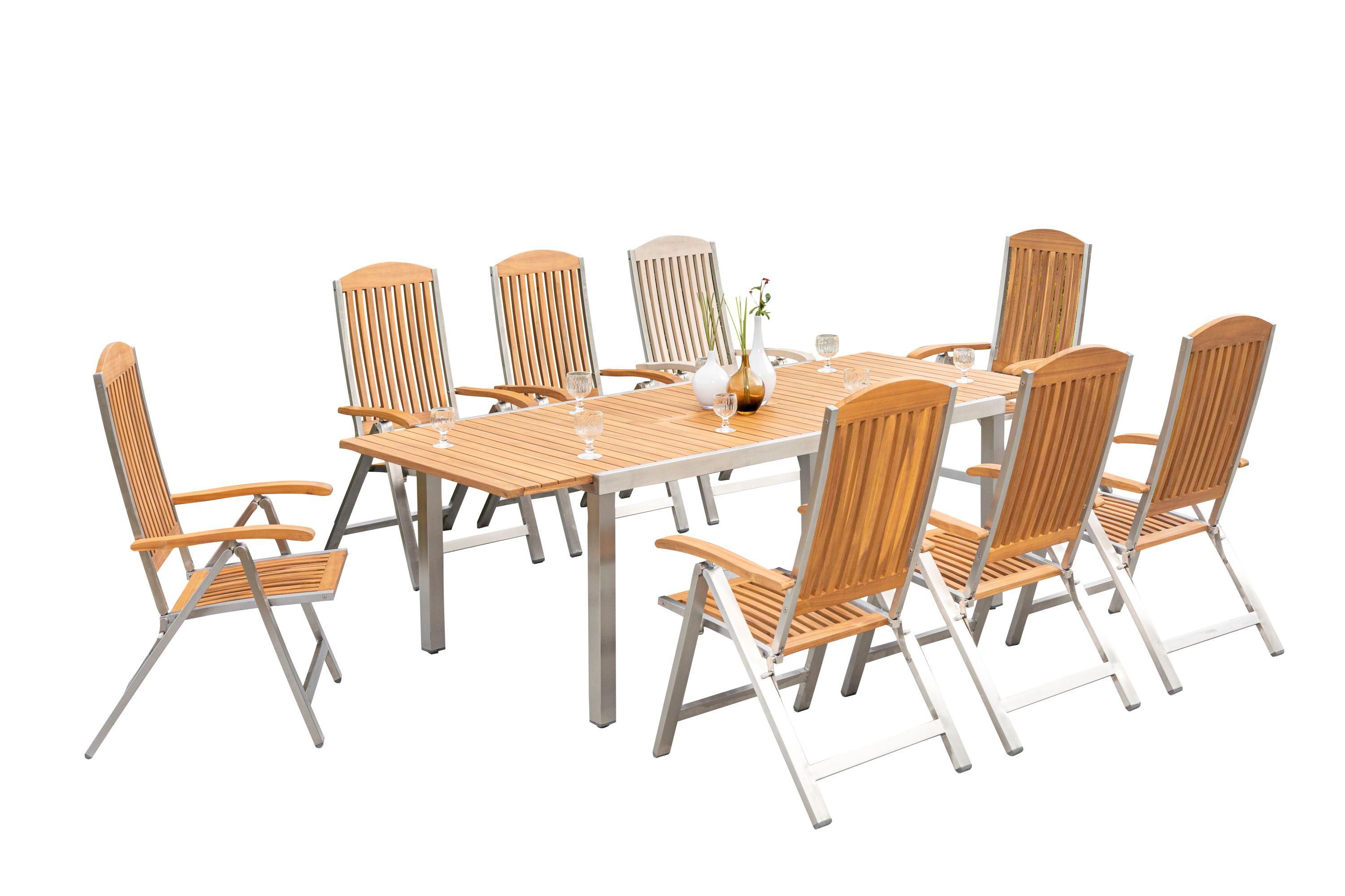 Gartengarnitur 9-tlg. Keros Holz/Metall - Silberfarben/Akaziefarben, KONVENTIONELL, Holz/Metall - Gardenson