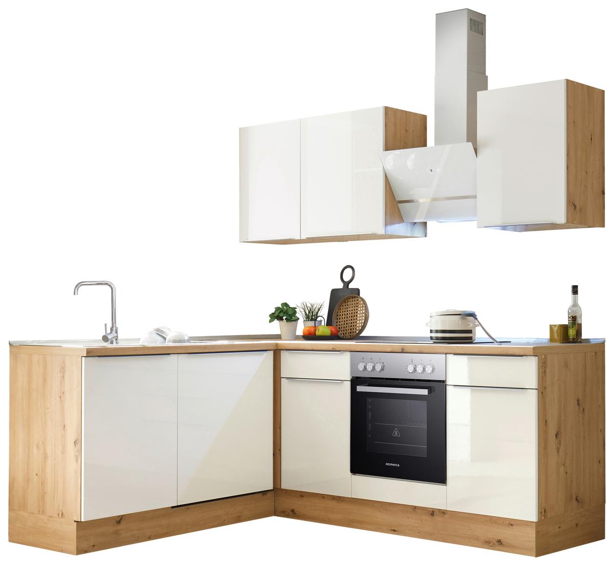Eckküche Marleen m. Geräten Eiche/Weiß Hochgl ca.220x170cm - Weiß Hochglanz/Alufarben, LIFESTYLE, Holzwerkstoff/Kunststoff (220/170cm) - Respekta