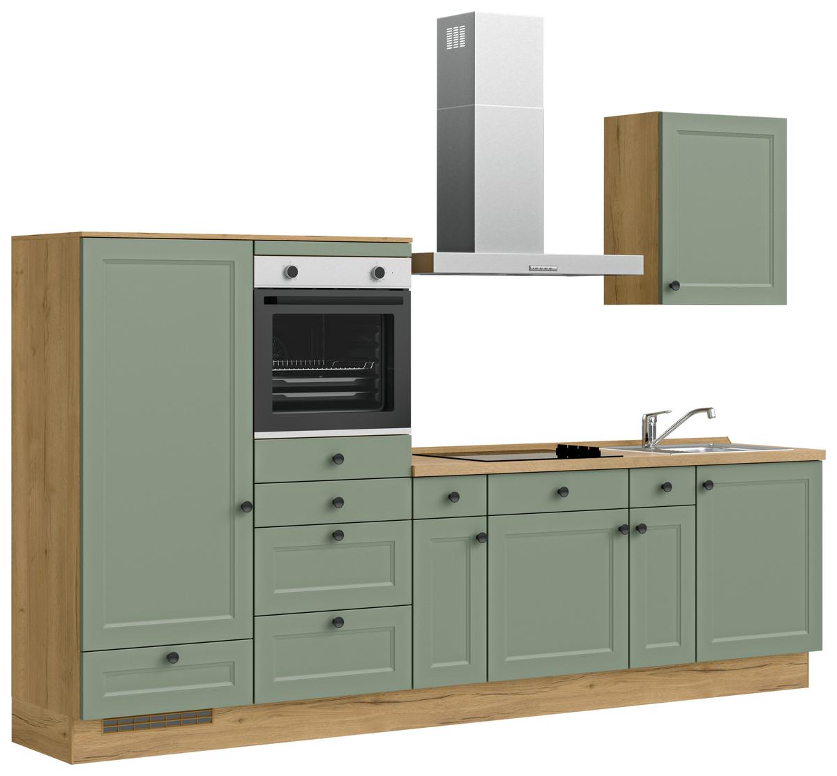 Küchenblock Cascada Low m. Geräten Schilfgrün - Schilfgrün/Eichefarben, MODERN, Holzwerkstoff/Metall (300cm) - Nobilia