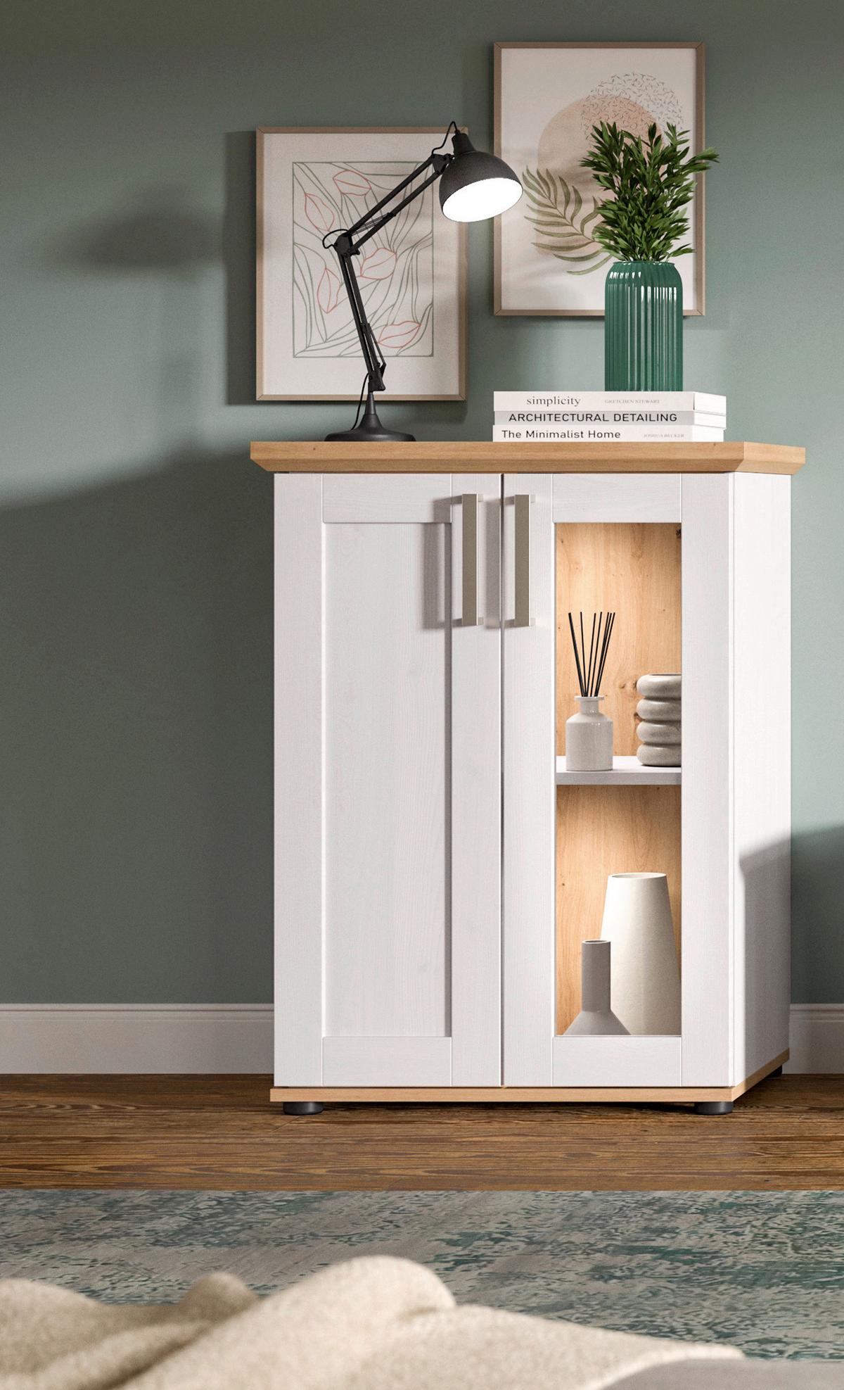 Vitrina Verona, Bela, Barva Macesna - srebrne barve/črna, Design, umetna masa/leseni material (64/88/37cm) - Livetastic