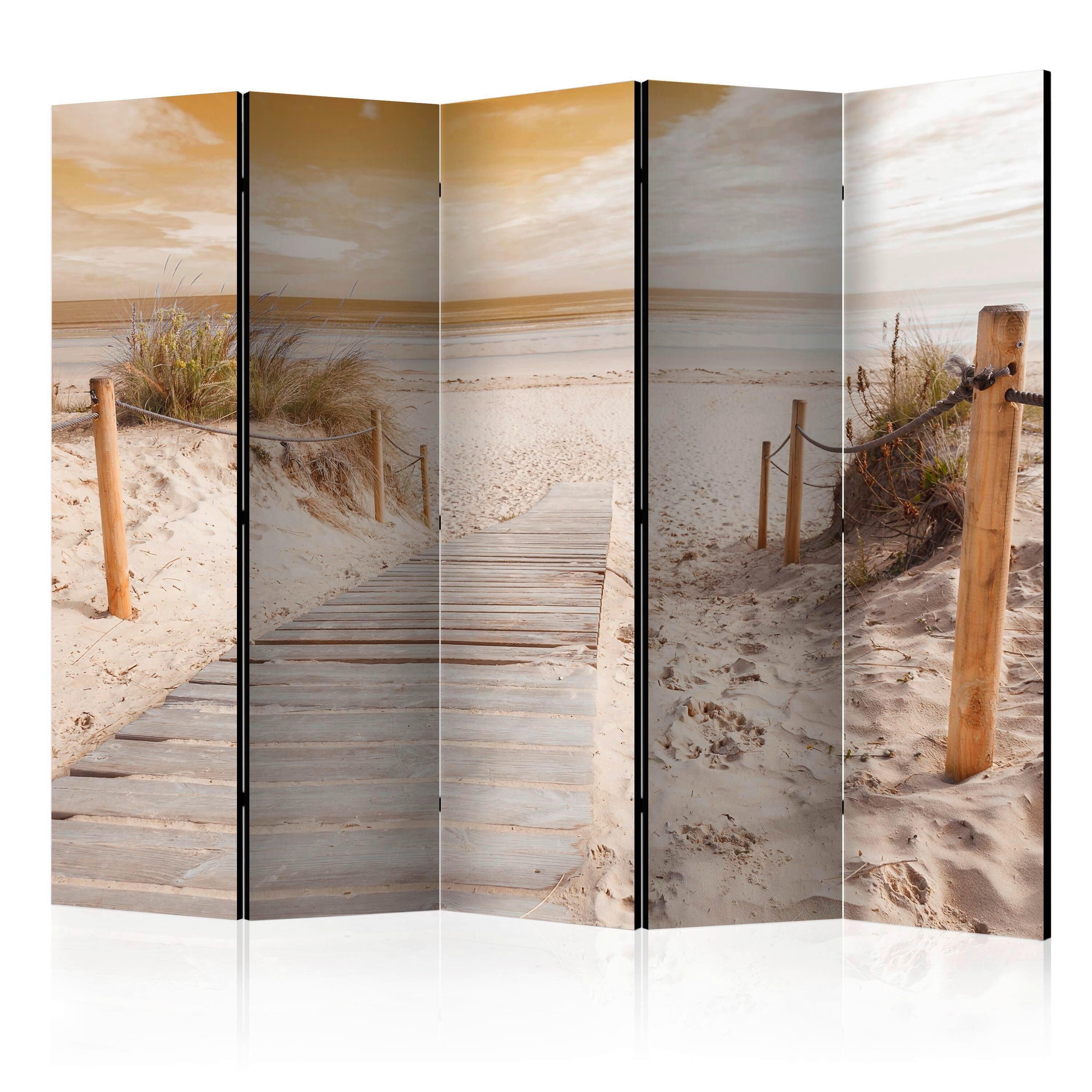 Paravan On The Beach, 5-Delni, Dvostranski - ekru/temno rumena, Basics, tekstil/les (225/172/3cm) - artgeist