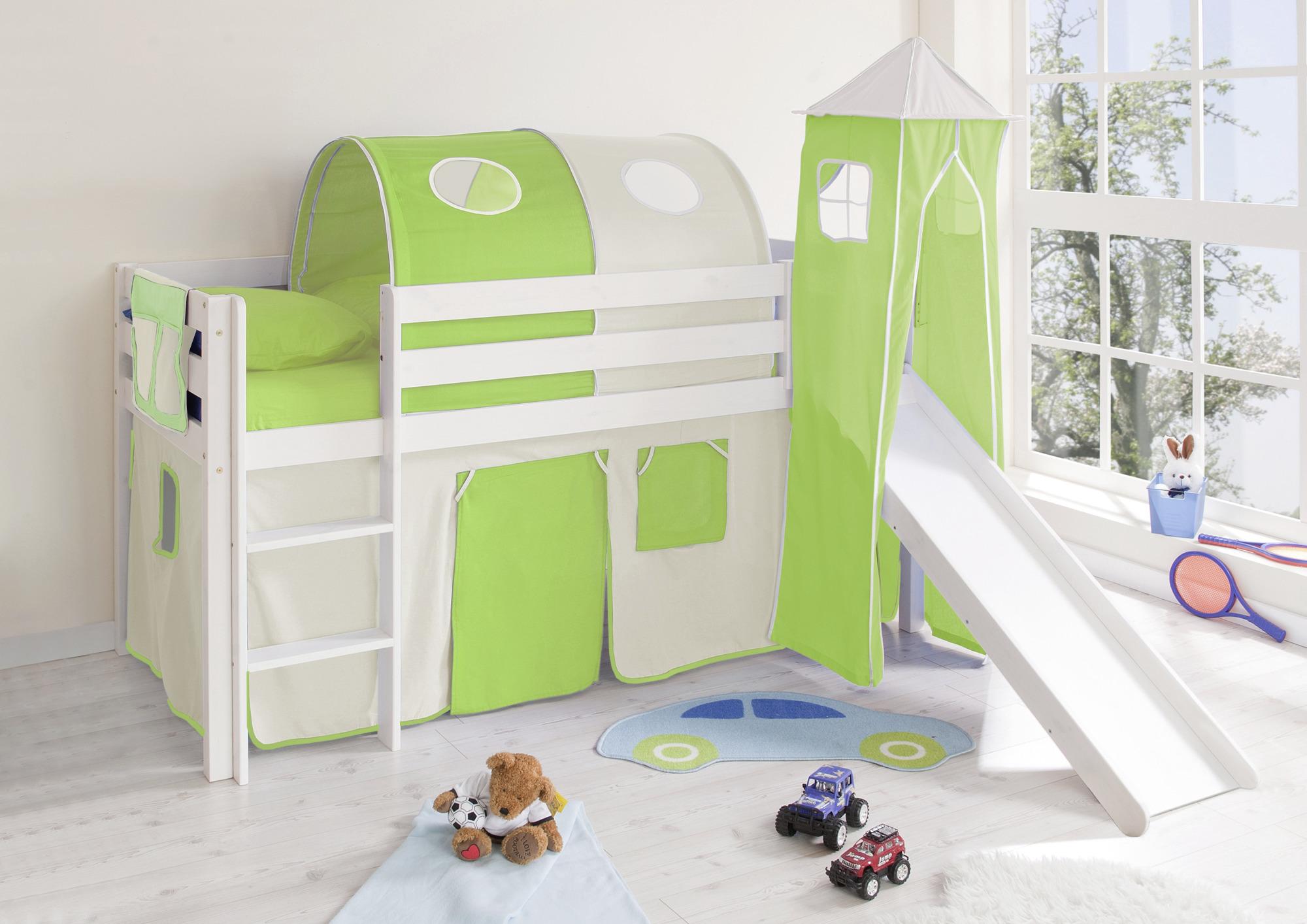 Igralna Postelja Kasper, 90x200, Zelena, Tobogan, Stolp - zelena/bela, Natur, les (90/200cm) - MID.YOU