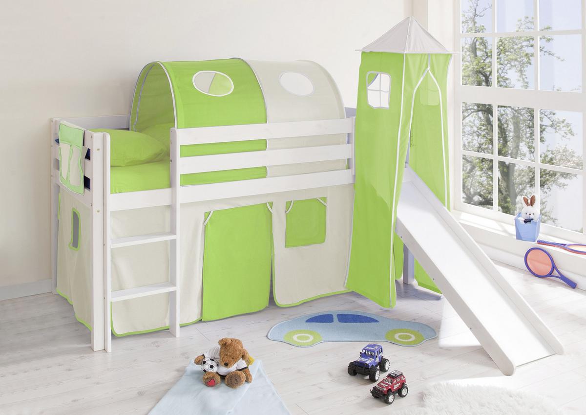 Igralna Postelja Kasper, 90x200, Zelena, Tobogan, Stolp - zelena/bela, Natur, les (90/200cm) - MID.YOU