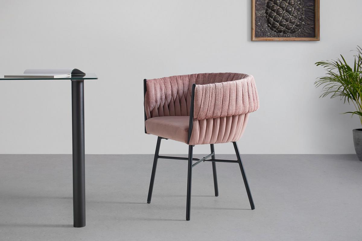 Armlehnstuhl Twisty in Samt/Chenille rosè - Schwarz/Rosa, MODERN, Textil/Metall (65/76/60cm) - Premium Living