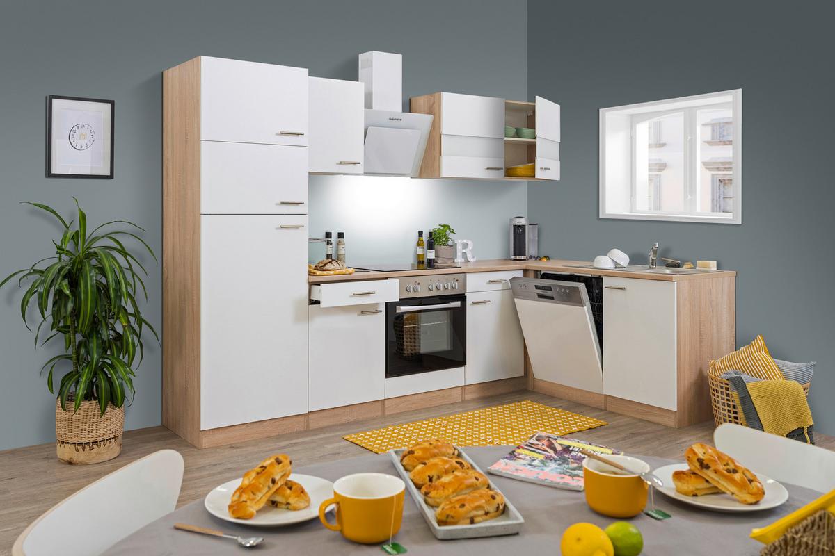 Eckküche Economy Weiß/ Eichefarben ca. 280x172 cm - Edelstahlfarben/Eichefarben, Basics, Holzwerkstoff/Metall (280/172cm) - Respekta