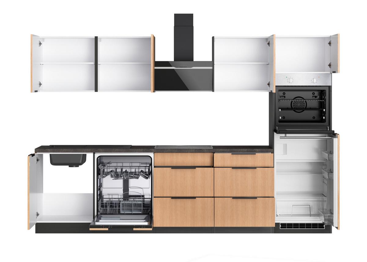 Küchenblock Glasgow m. Geräten Graphit/Eiche - Eichefarben/Graphitfarben, LIFESTYLE, Holzwerkstoff/Metall (300cm) - Held