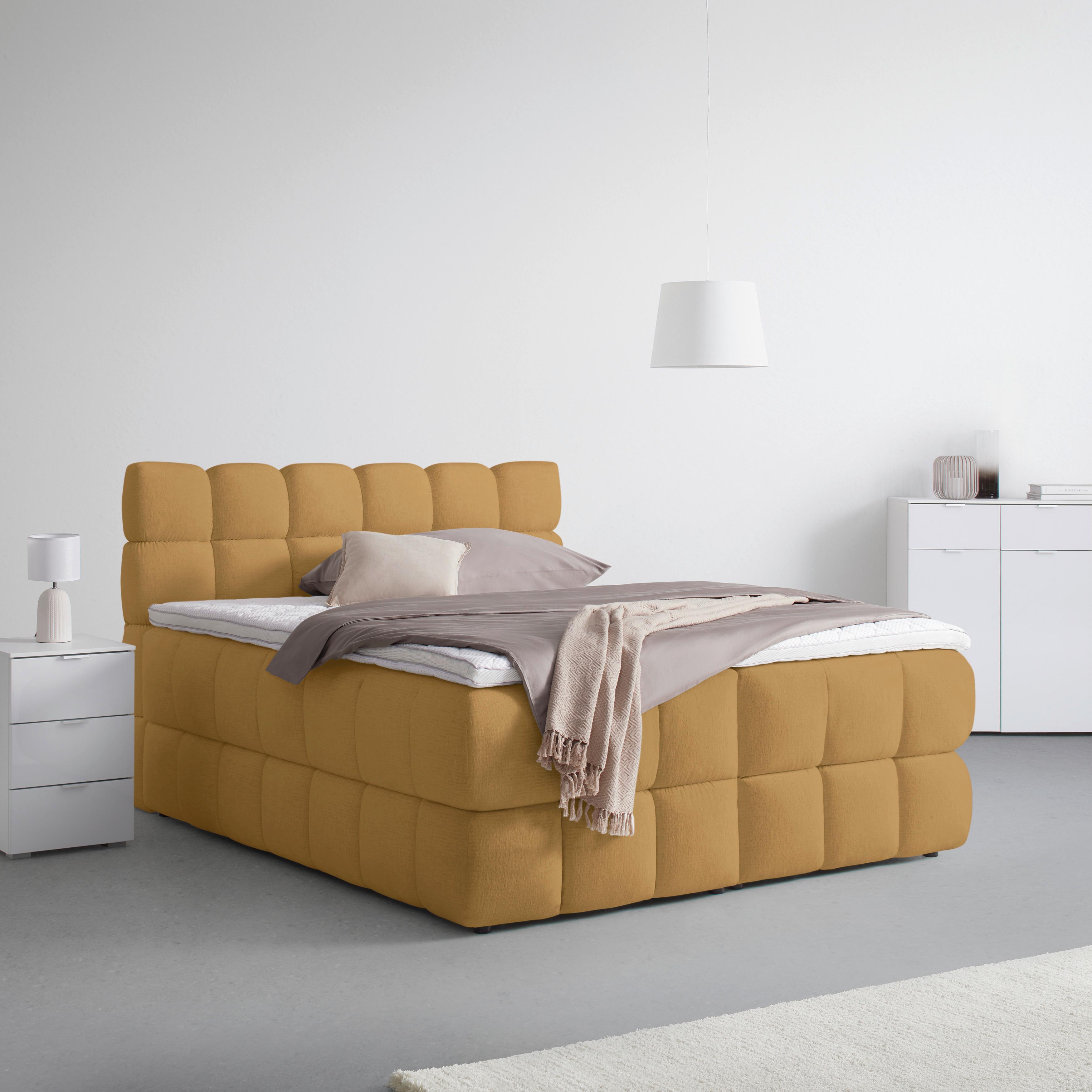 Boxspringbett Bubble Box Senfgelb ca. 180x200cm - Senfgelb/Schwarz, KONVENTIONELL, Holz/Textil (180/200cm) - Premium Living
