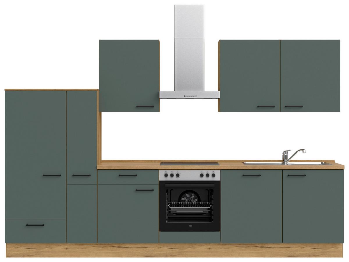 Küchenblock Easytouch Low m. Geräten Dunkelgrün - Dunkelgrün/Eichefarben, MODERN, Holzwerkstoff/Metall (330cm) - Nobilia