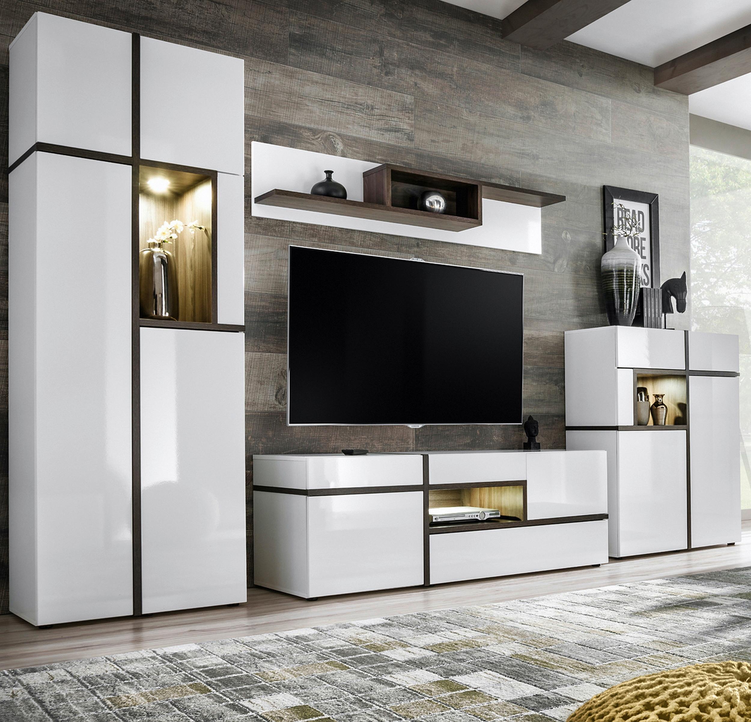 Wohnwand Cross Weiß/Ulmefarben - Ulmefarben/Weiß Hochglanz, MODERN, Holzwerkstoff/Kunststoff (330/195/50cm) - Premium Living