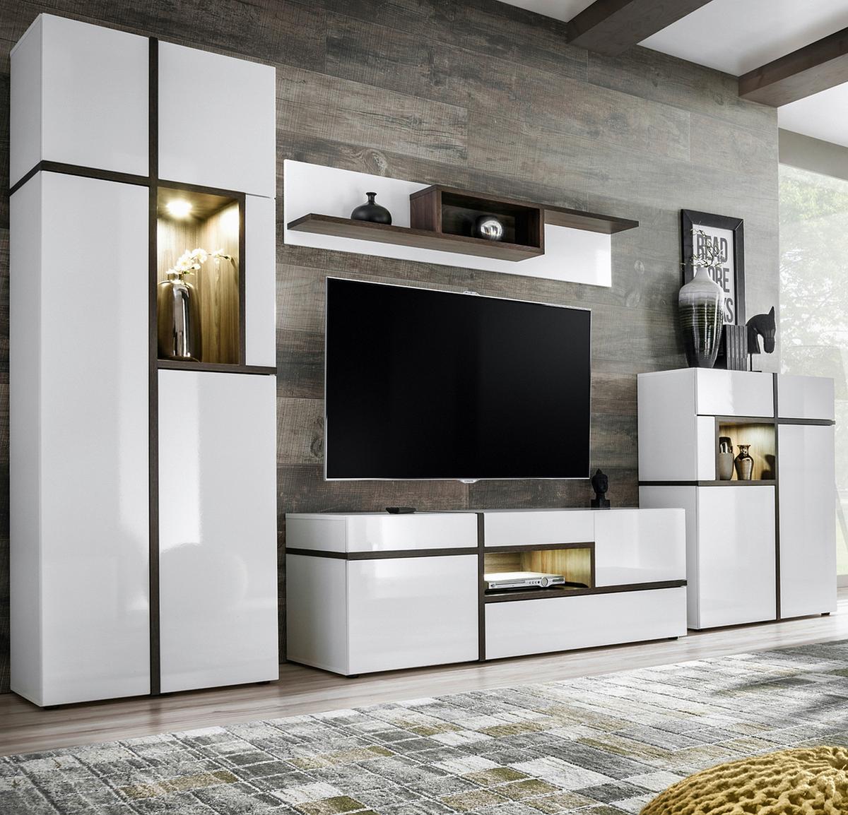 Wohnwand Cross Weiß/Ulmefarben - Ulmefarben/Weiß Hochglanz, MODERN, Holzwerkstoff/Kunststoff (330/195/50cm) - Premium Living
