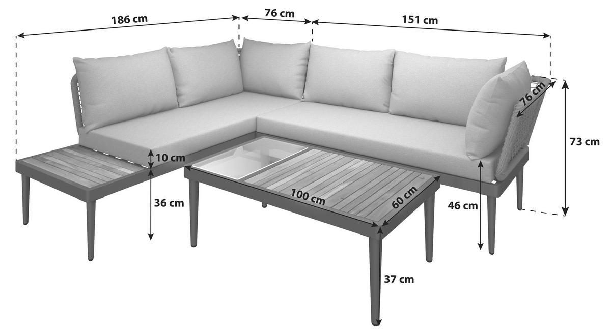 Lounge Garnitura Basel, Siva, Akacija, 3-Delno - siva/naravne barve, Moderno, kovina/steklo (186/150cm) - Beldano