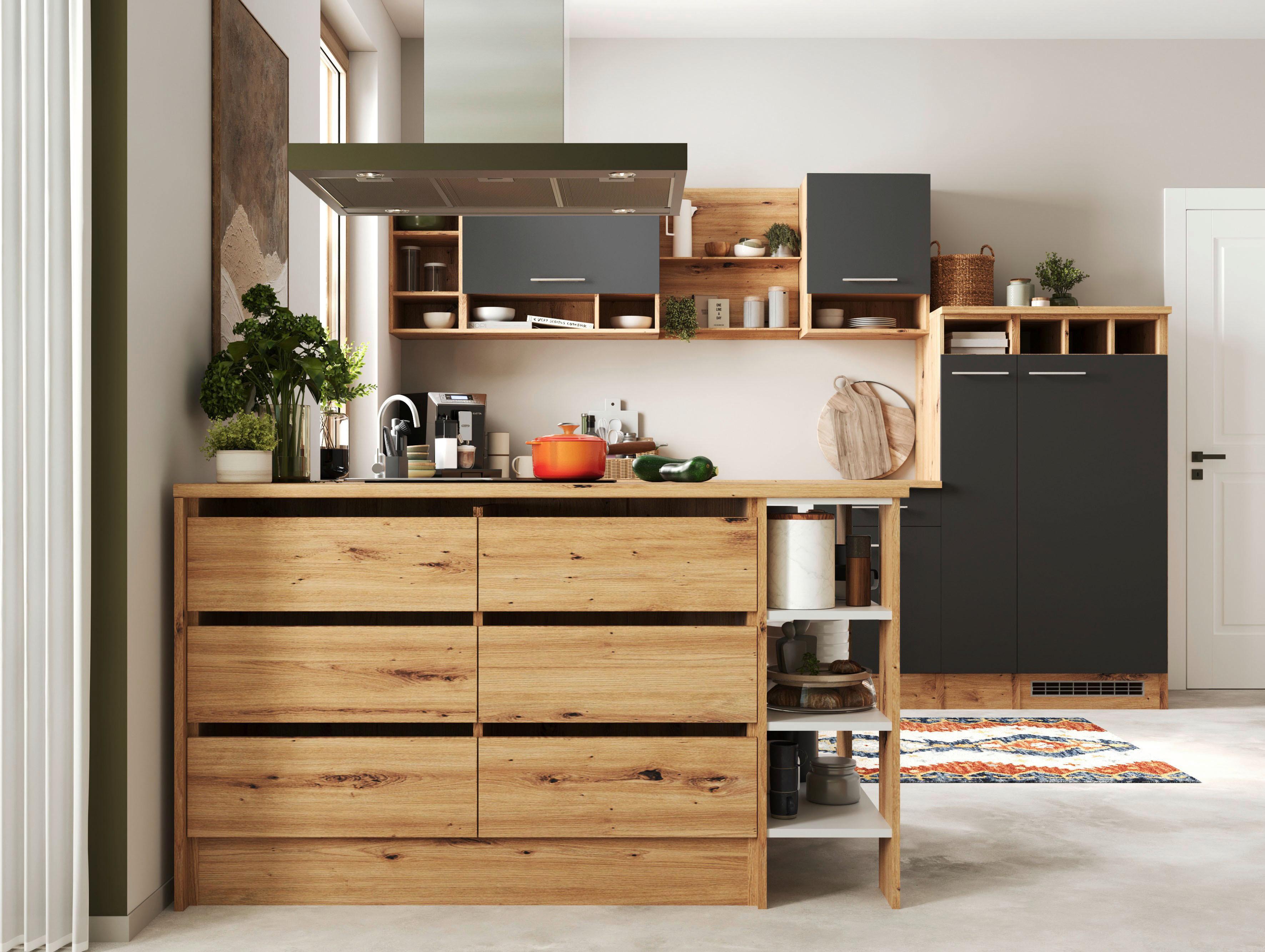 Küchenblock Hilde m. Insel m. Geräten ca.310cm Eiche/Grau - Wildeiche/Grau, Design, Holzwerkstoff/Metall (310-150cm) - Respekta
