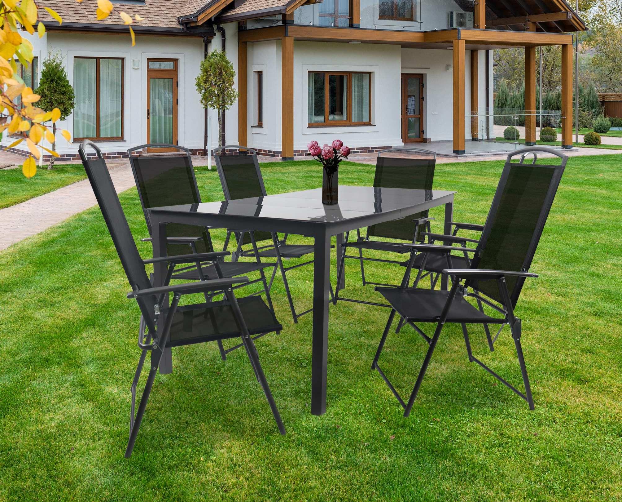 Gartentischgruppe Schwarz 7-teilig - Anthrazit/Schwarz, Basics, Glas/Textil - Gardenson