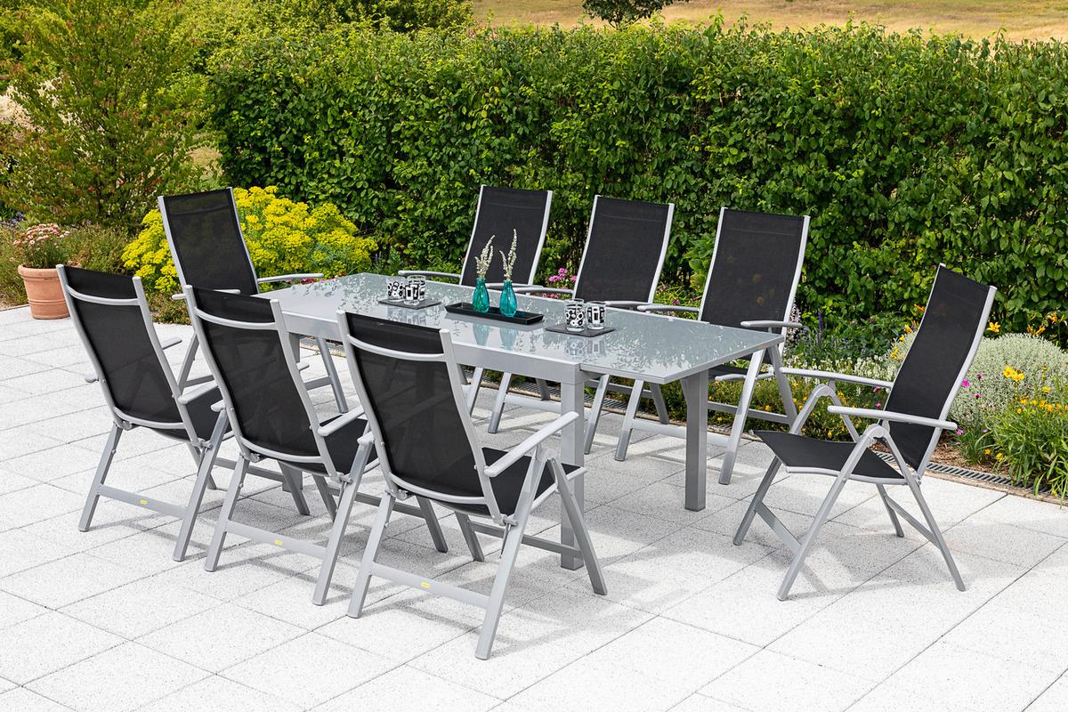 Vrtni Set Carrara, 9-Delni, Raztegljiva Miza - srebrne barve/črna, Moderno, kovina/tekstil - Gardenson