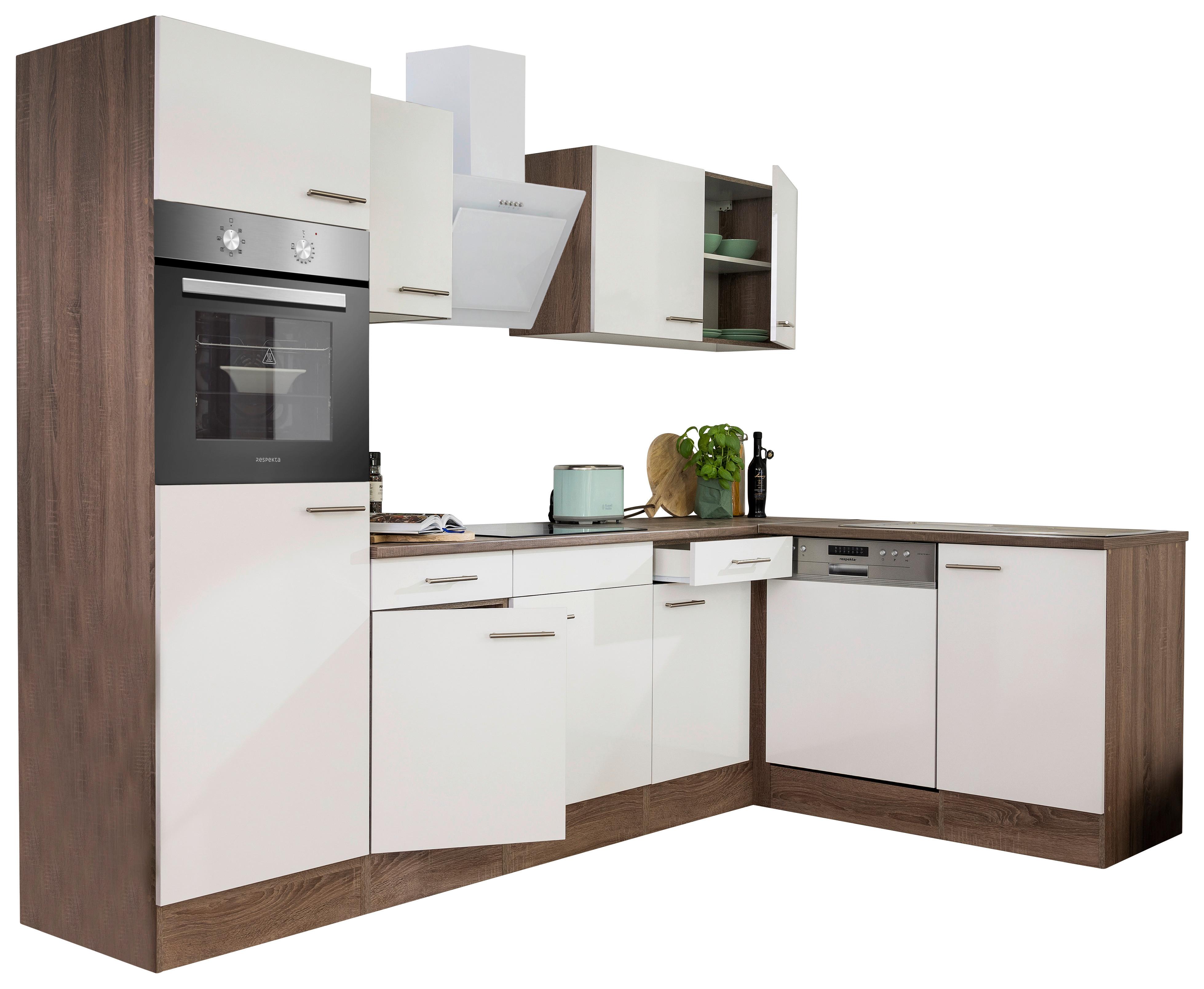 Eckküche Oliver mit Geräten ca. 280x172 cm Weiß - Eichefarben/Weiß, Basics, Holzwerkstoff/Metall (280/172cm) - Respekta