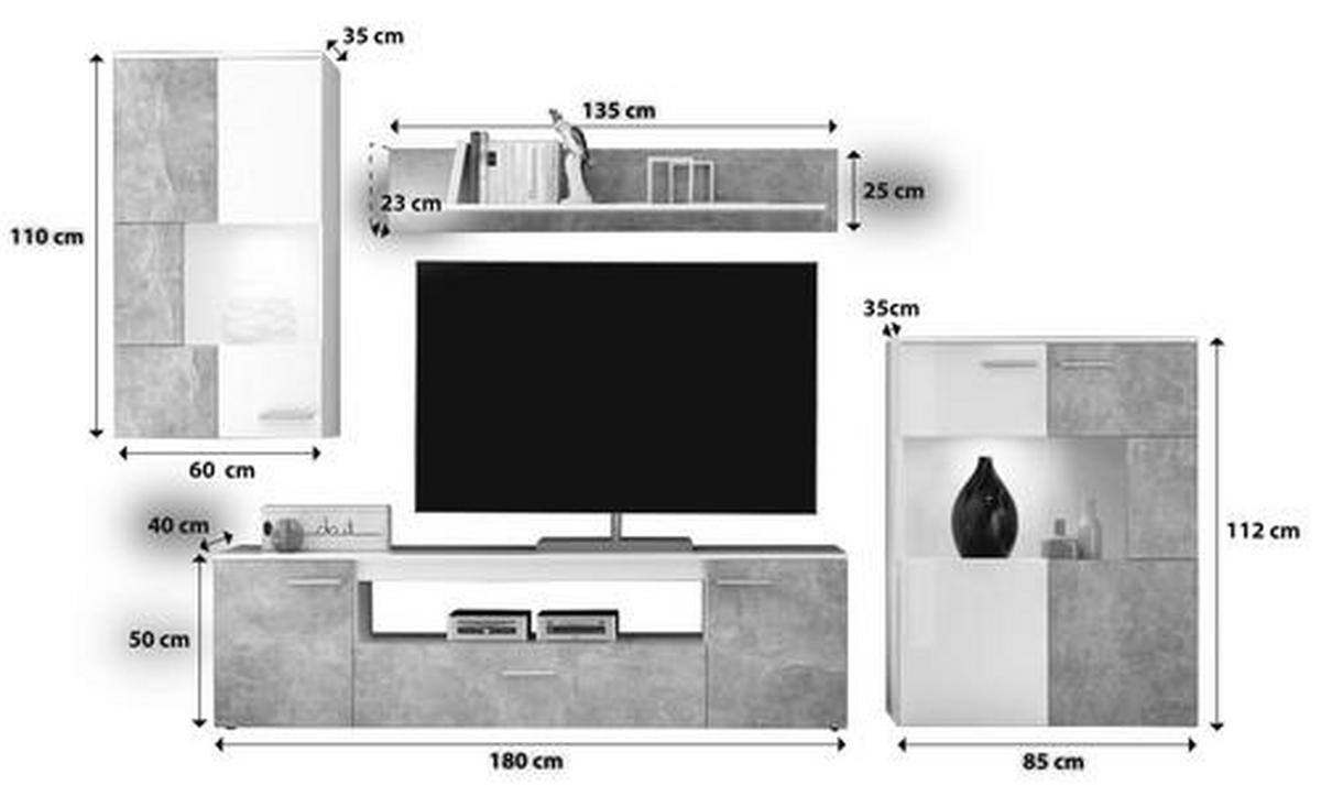 Mobilier camera de zi Vulcan - alb/gri, Modern, sticlă/material pe bază de lemn (265-295/194/40cm) - Based