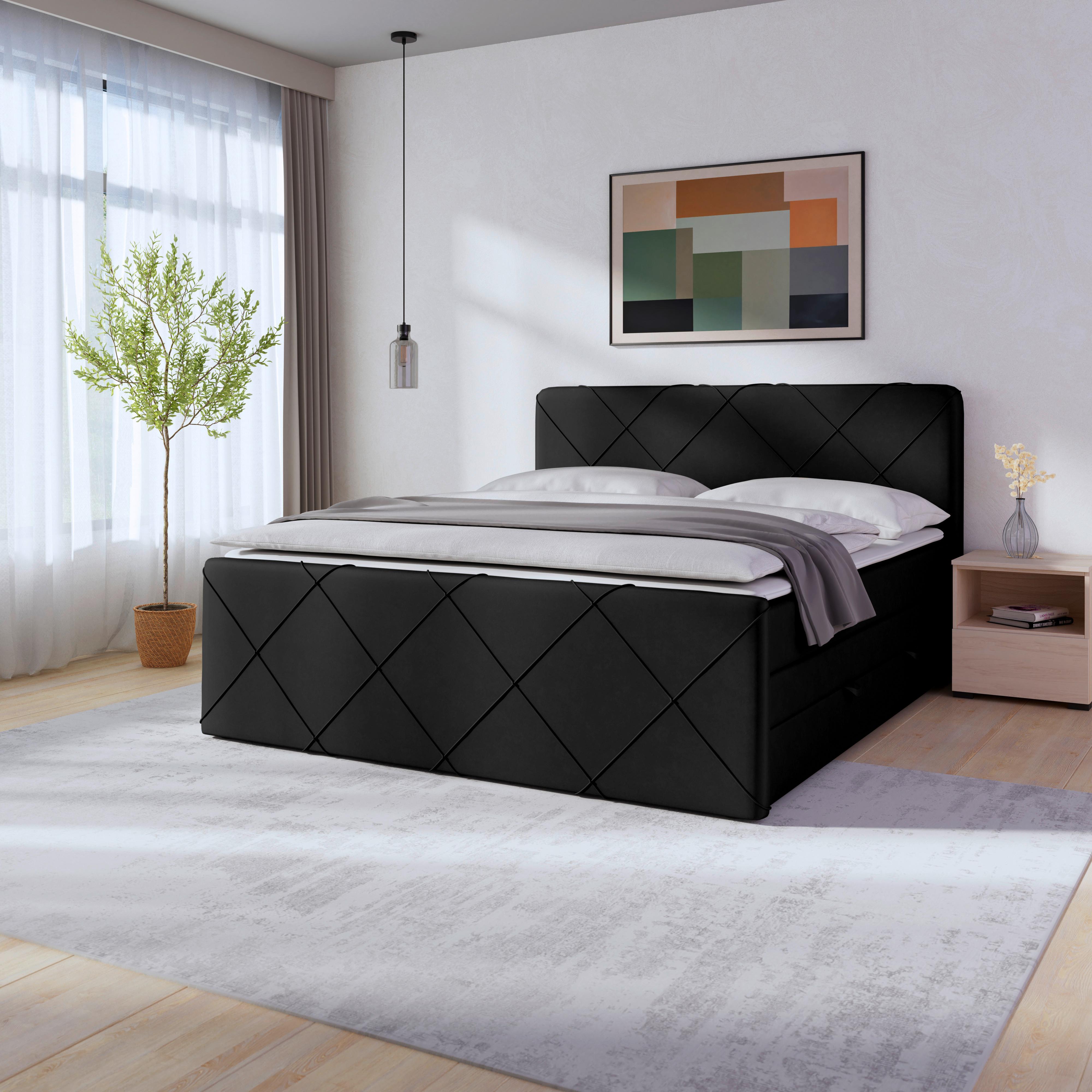 Boxspringbett Cordoba ca. 180x200 cm Schwarz - Schwarz, MODERN, Holz/Textil (180/200cm) - MID.YOU