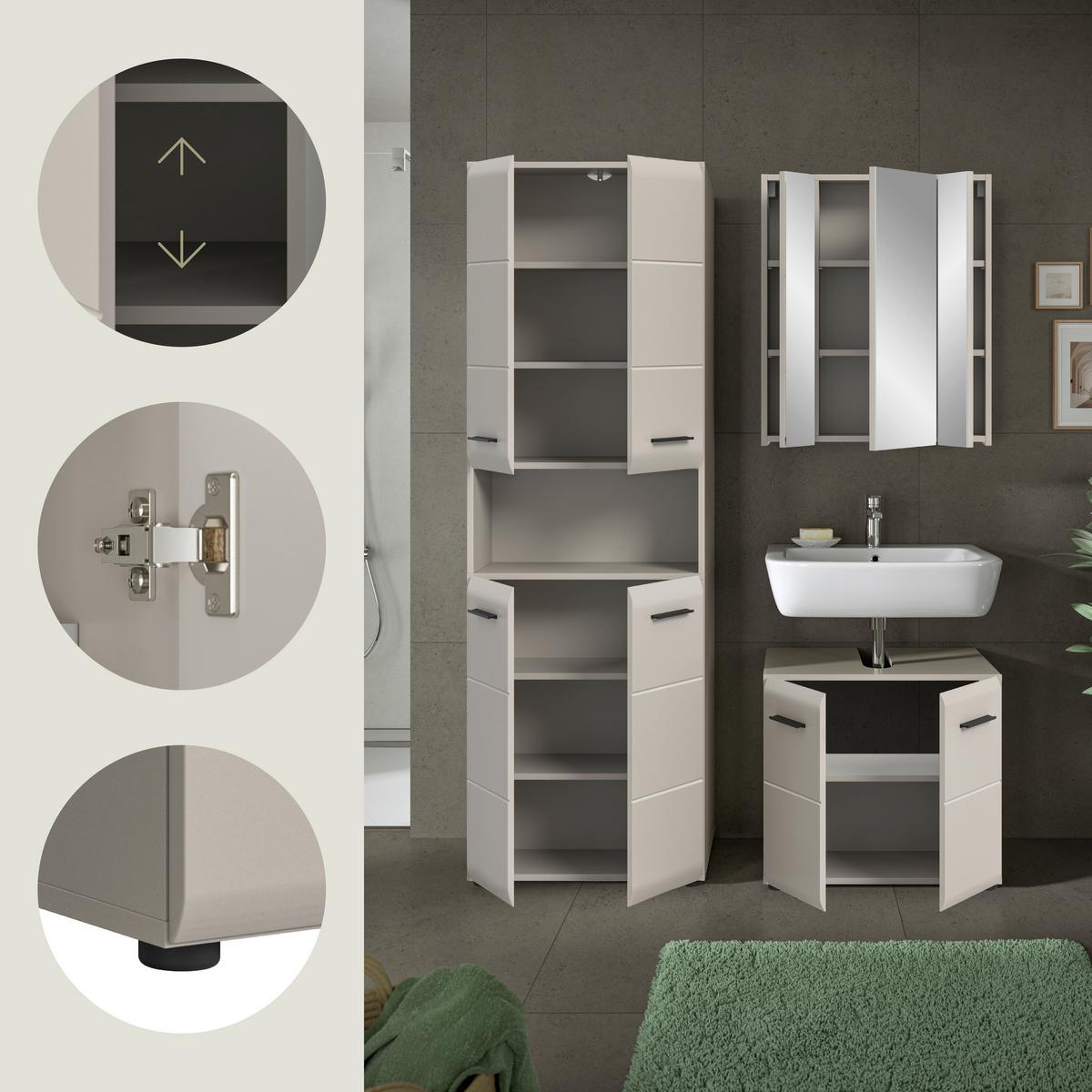 Badezimmer Ice Kaschmir 3-teilig - Kaschmir/Schwarz, Trend, Glas/Holzwerkstoff (120cm) - MID.YOU