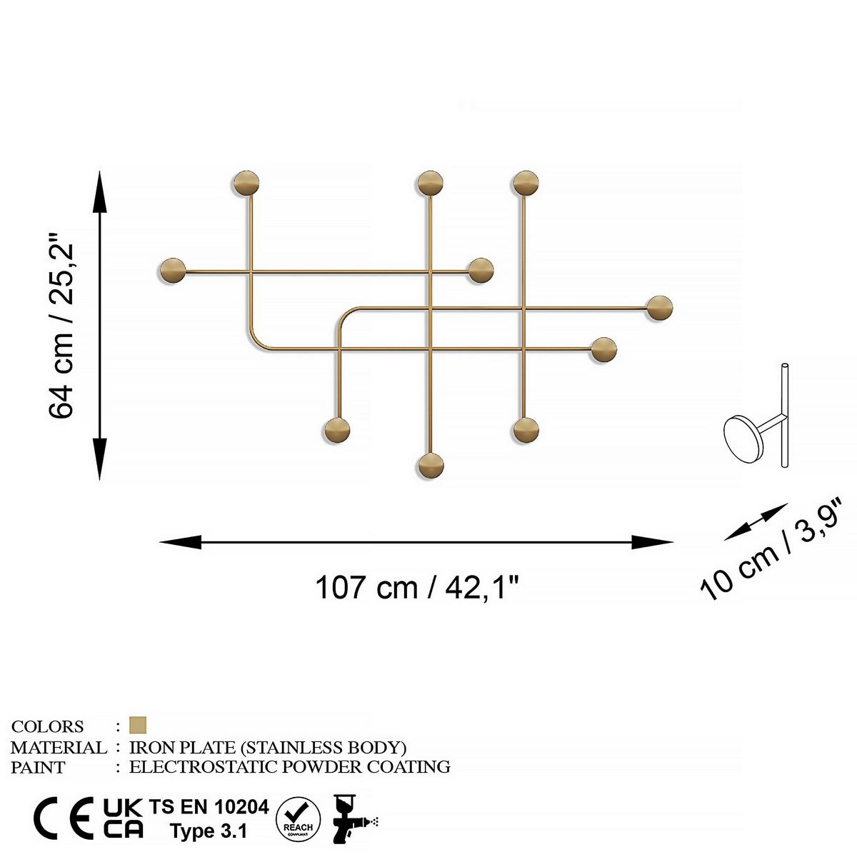 WIESZAK ŚCIENNY SAMARA-A - kolor złoty, Basics, metal (107/64/10cm)