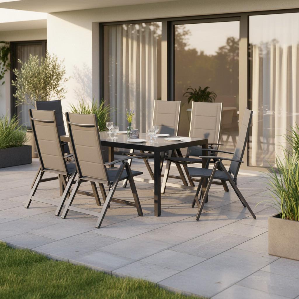 Gartenmöbel Set 7-tlg. Florenz aus Aluminium - Dunkelgrau/Graphitfarben, KONVENTIONELL, Glas/Textil - Gardenson