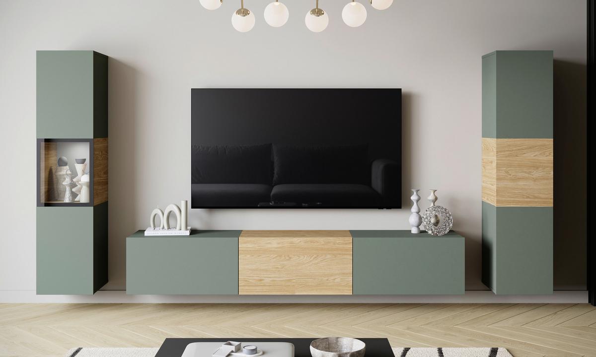 Wohnwand mit LED Berlin III Salbeigrün/Eichefarben - Eichefarben/Salbeigrün, Design, Glas/Holzwerkstoff (240/130/31cm) - P & B
