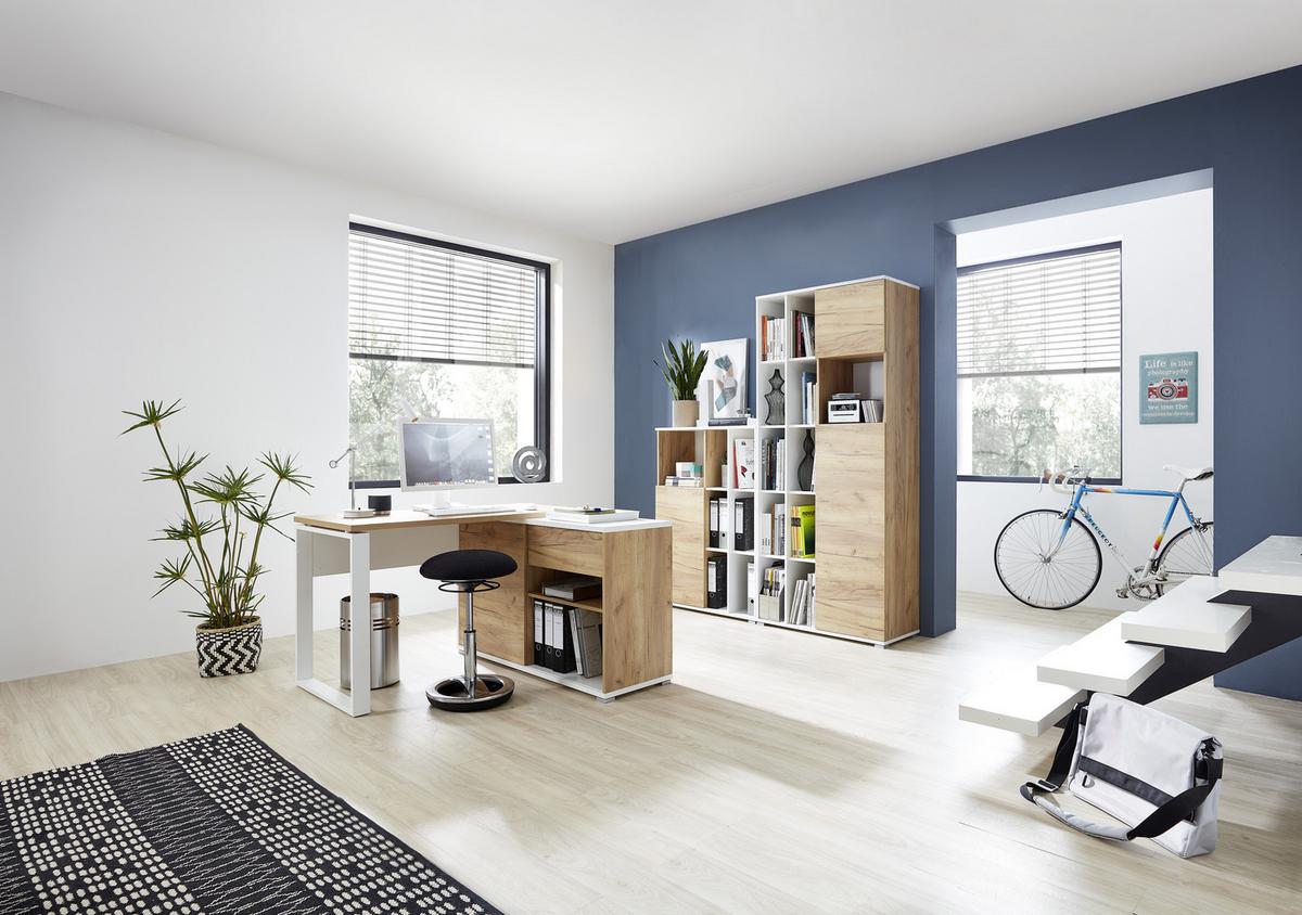 Eckschreibtisch mit Stauraum B 120cm H 117cm GW-Lioni Eiche - Eichefarben/Weiß, Design, Holzwerkstoff/Metall (120/75/117cm) - Germania
