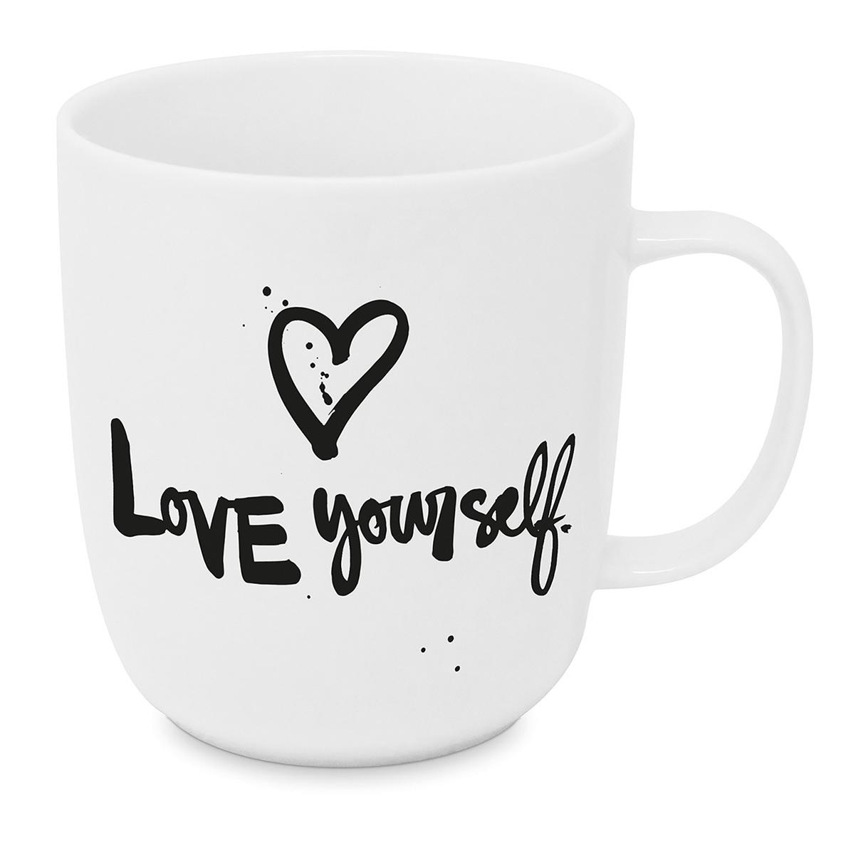 Kaffeebecher Love yourself aus Porzellan ca. 350ml - Schwarz/Weiß, MODERN, Keramik (9/10cm)