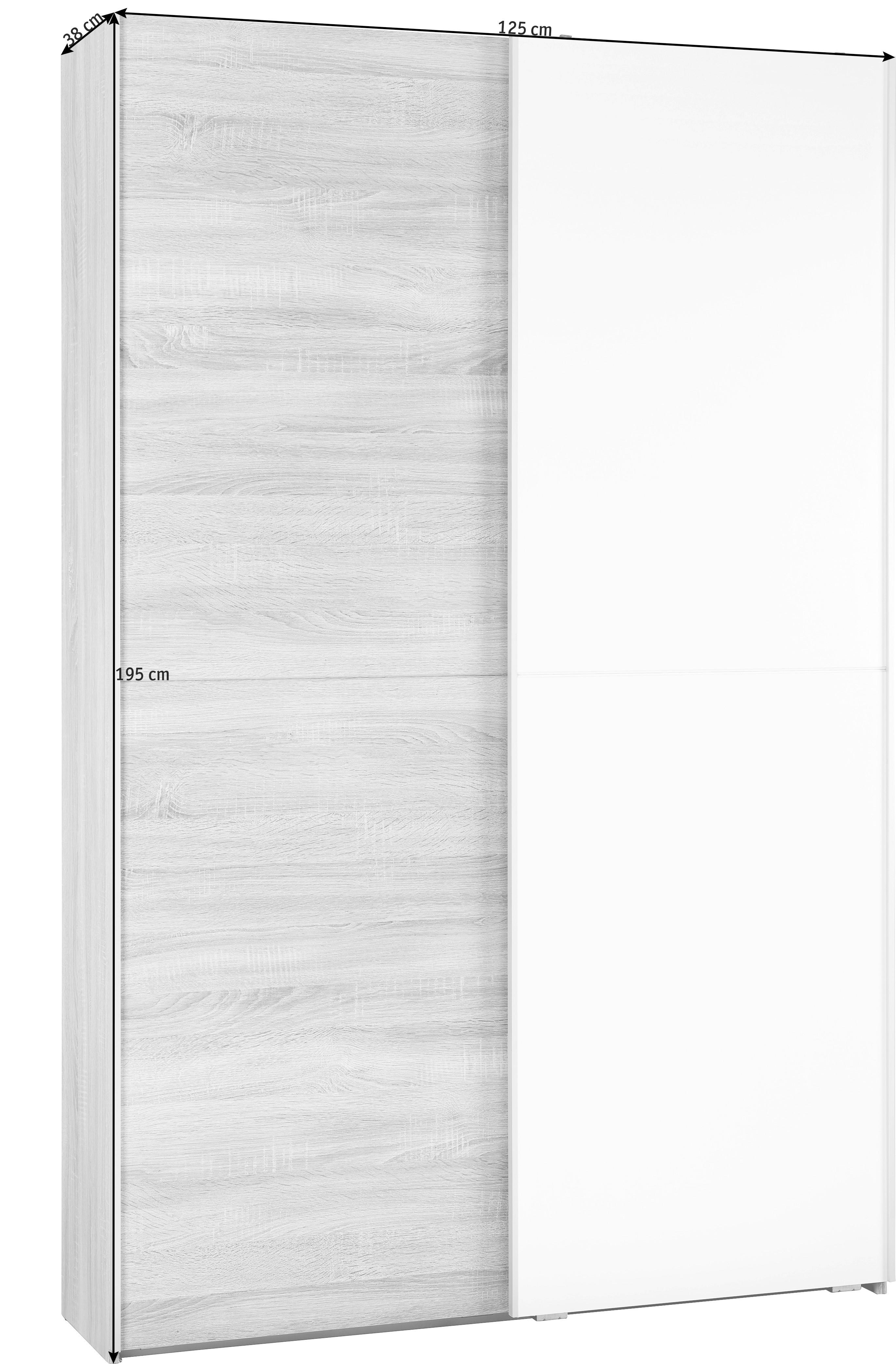 Omara Z Drsnimi Vrati Aladin, Barva Hrasta, Bela, 125cm - bela/barve aluminija, Konvencionalno, leseni material (125/195/38cm) - Livetastic