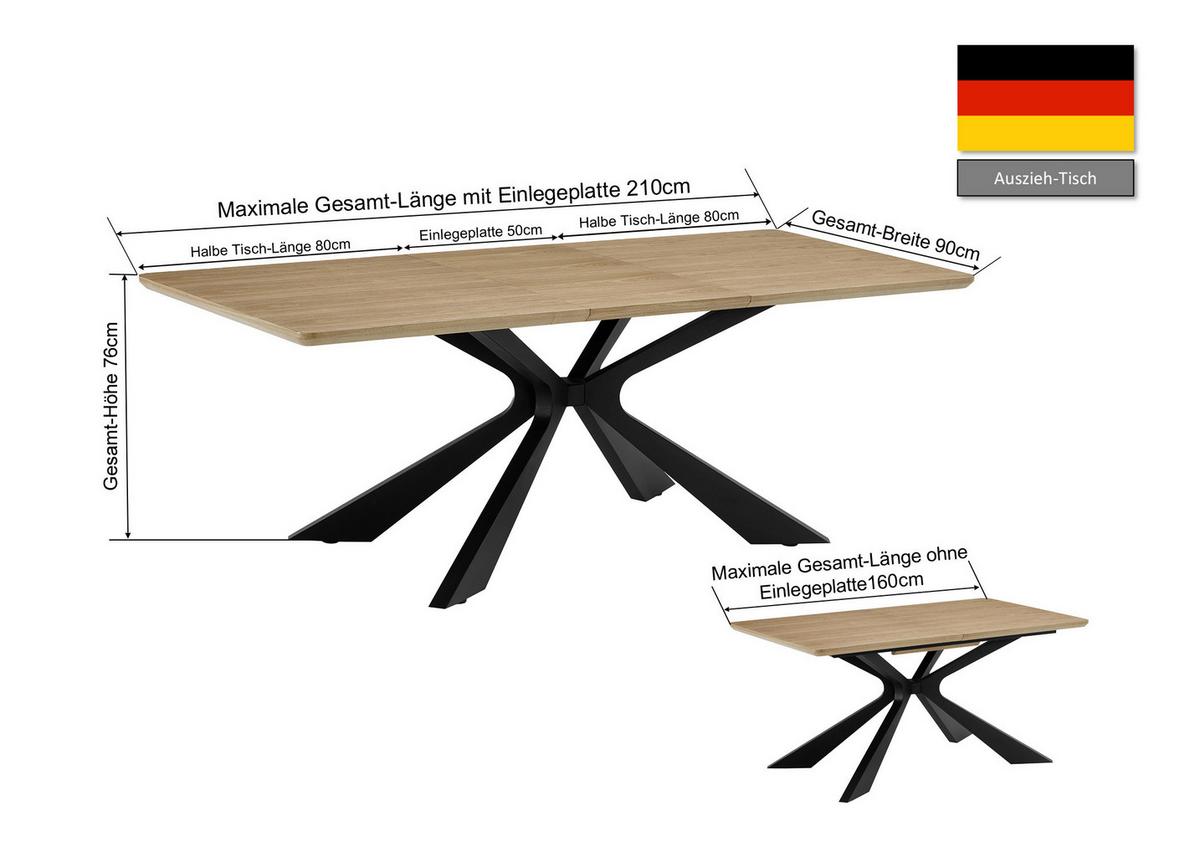 Raztegljiva Miza Lulea, Barva Hrasta, Črna, 160-210x90 - črna/barve hrasta, Moderno, kovina/leseni material (160-210/90/76cm) - P & B